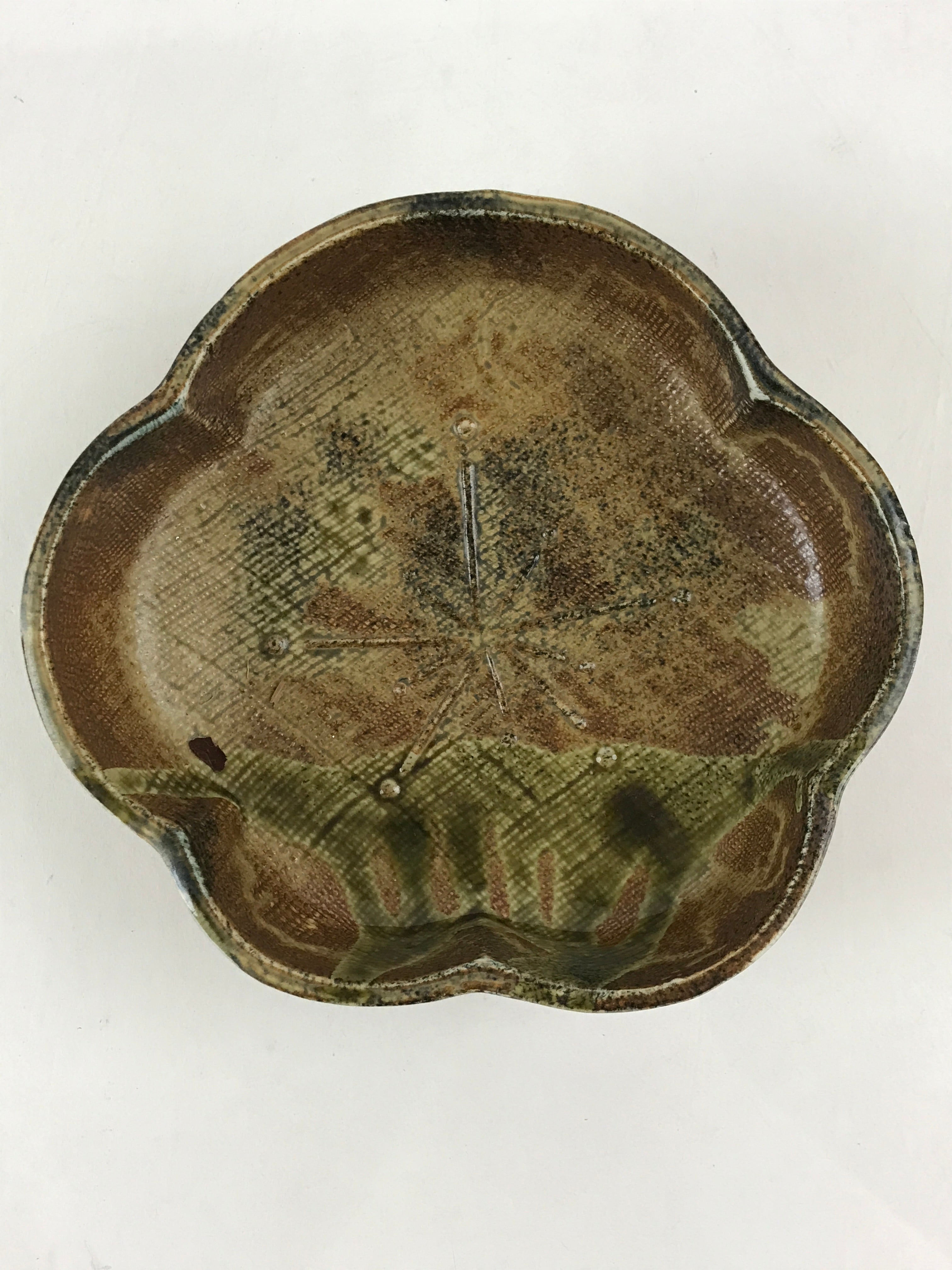 Japanese Oribe Ceramic Snack Bowl Vtg Kashiki Pottery Plum Blossom Brown PY441