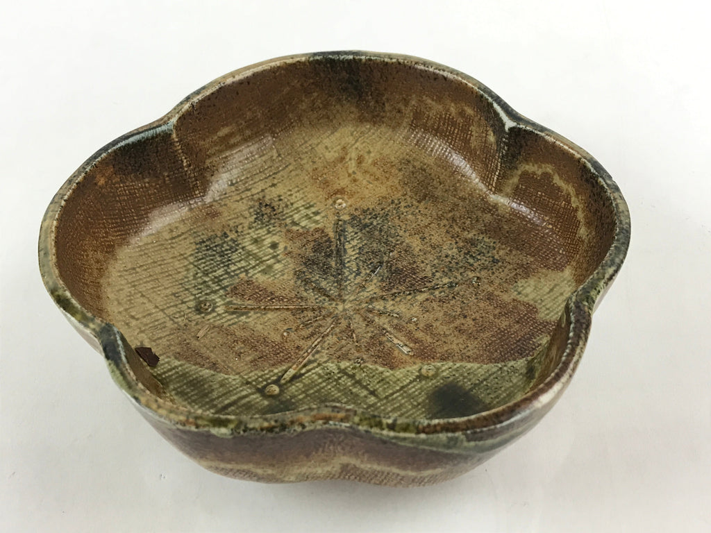 Japanese Oribe Ceramic Snack Bowl Vtg Kashiki Pottery Plum Blossom Brown PY441