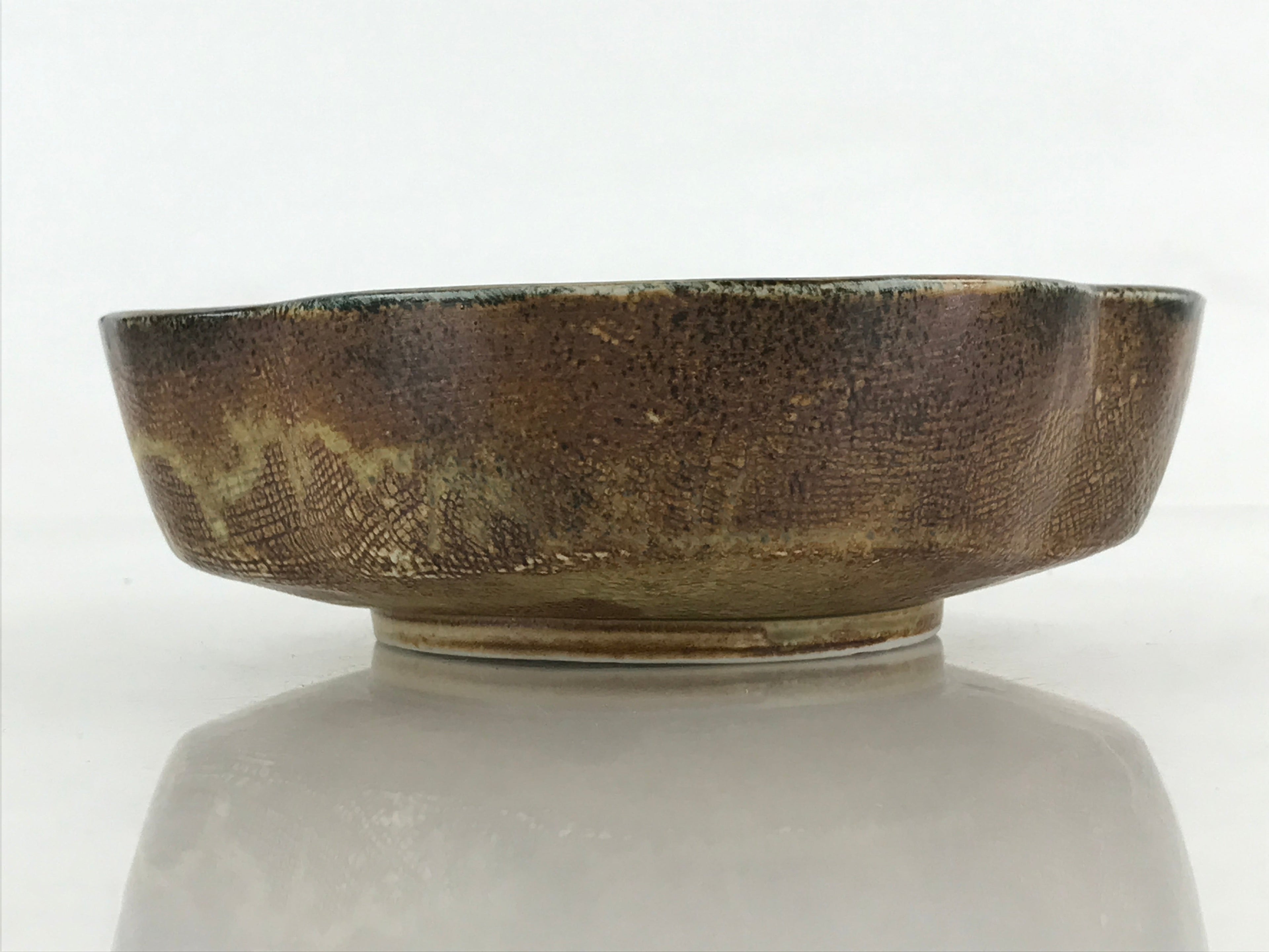 Japanese Oribe Ceramic Snack Bowl Vtg Kashiki Pottery Plum Blossom Brown PY441