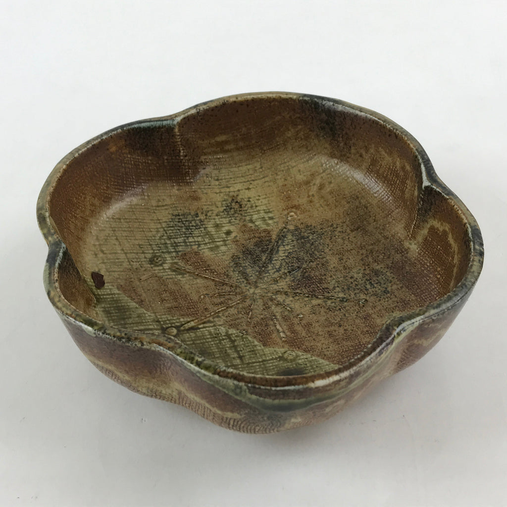 Japanese Oribe Ceramic Snack Bowl Vtg Kashiki Pottery Plum Blossom Brown PY441