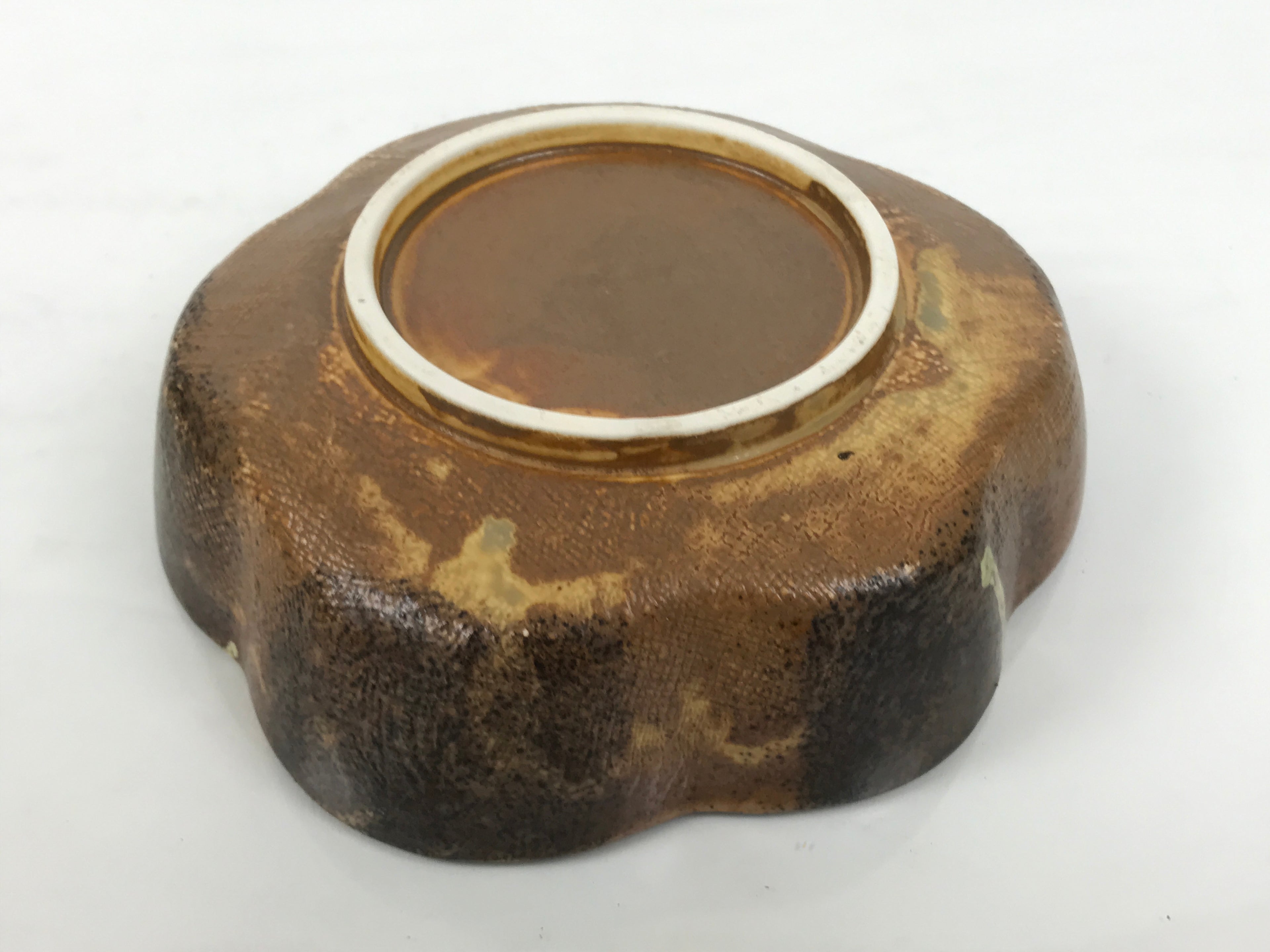 Japanese Oribe Ceramic Snack Bowl Vtg Kashiki Pottery Plum Blossom Brown Y573