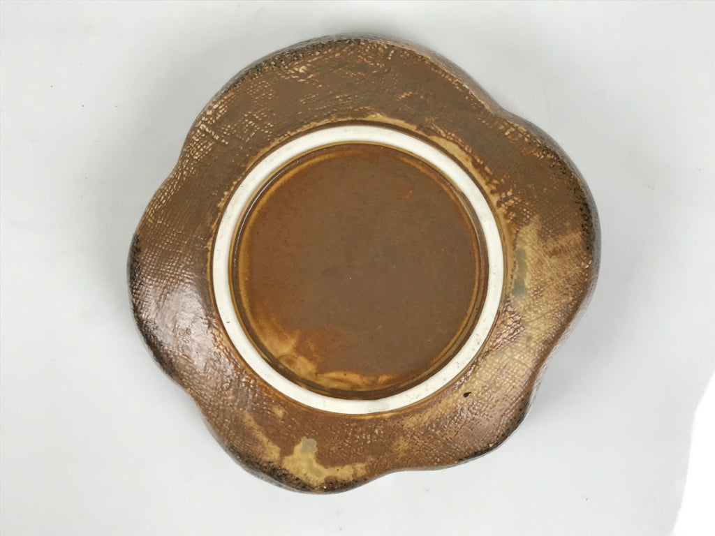 Japanese Oribe Ceramic Snack Bowl Vtg Kashiki Pottery Plum Blossom Brown Y573