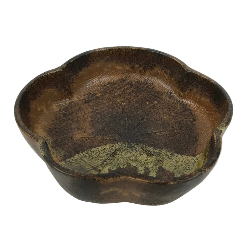 Japanese Oribe Ceramic Snack Bowl Vtg Kashiki Pottery Plum Blossom Brown Y573
