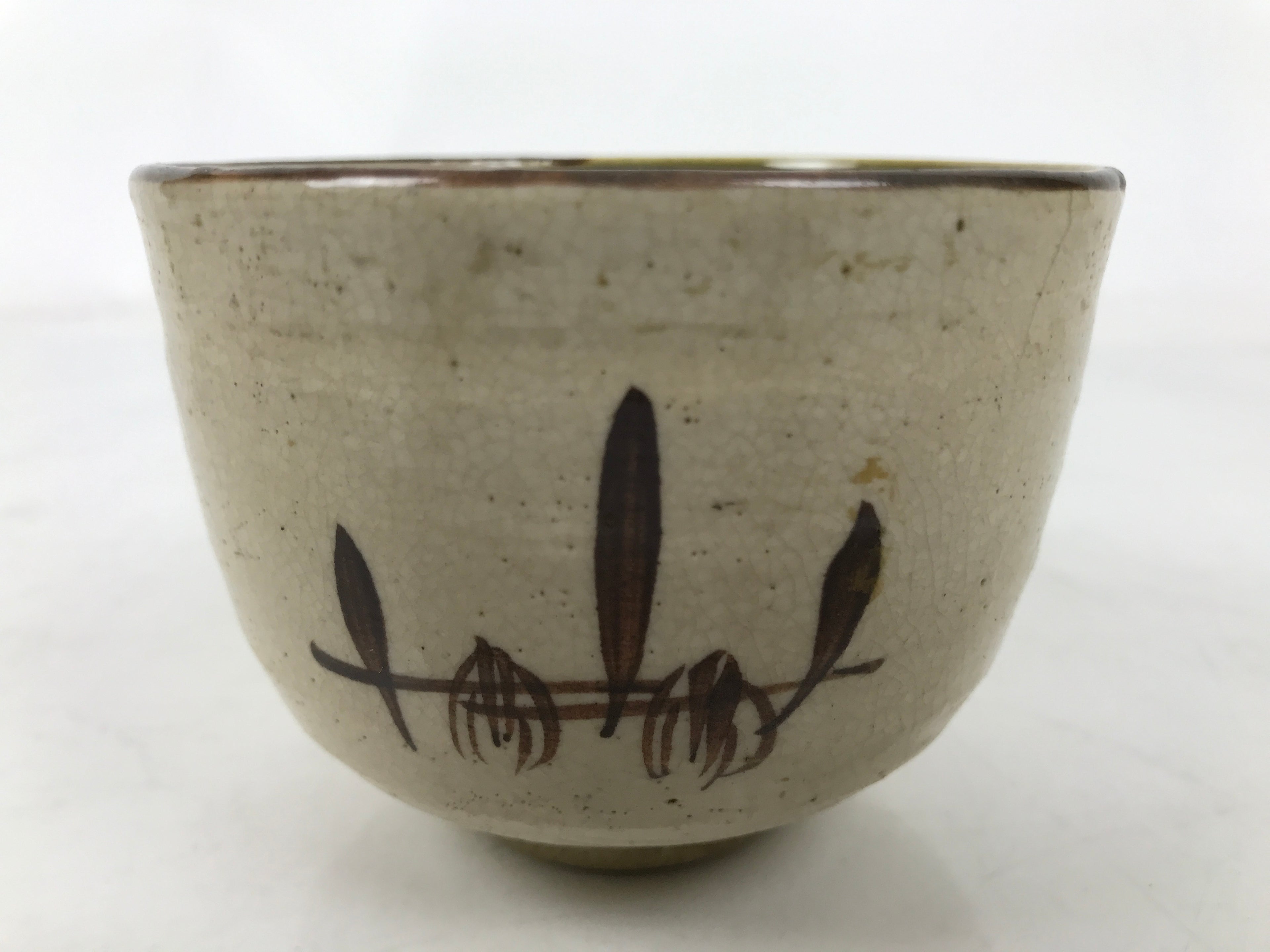 Japanese Oribe Ware Ceramic Yunomi Teacup Vtg Pottery Beige Green Yakimono TC560
