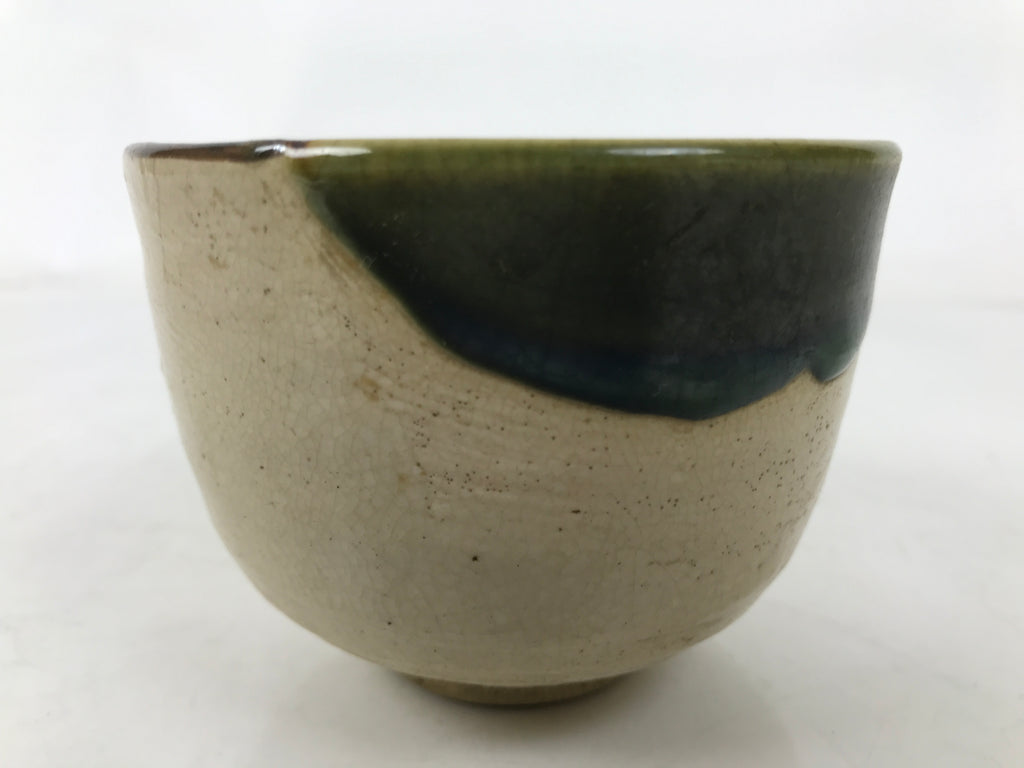 Japanese Oribe Ware Ceramic Yunomi Teacup Vtg Pottery Beige Green Yakimono TC560