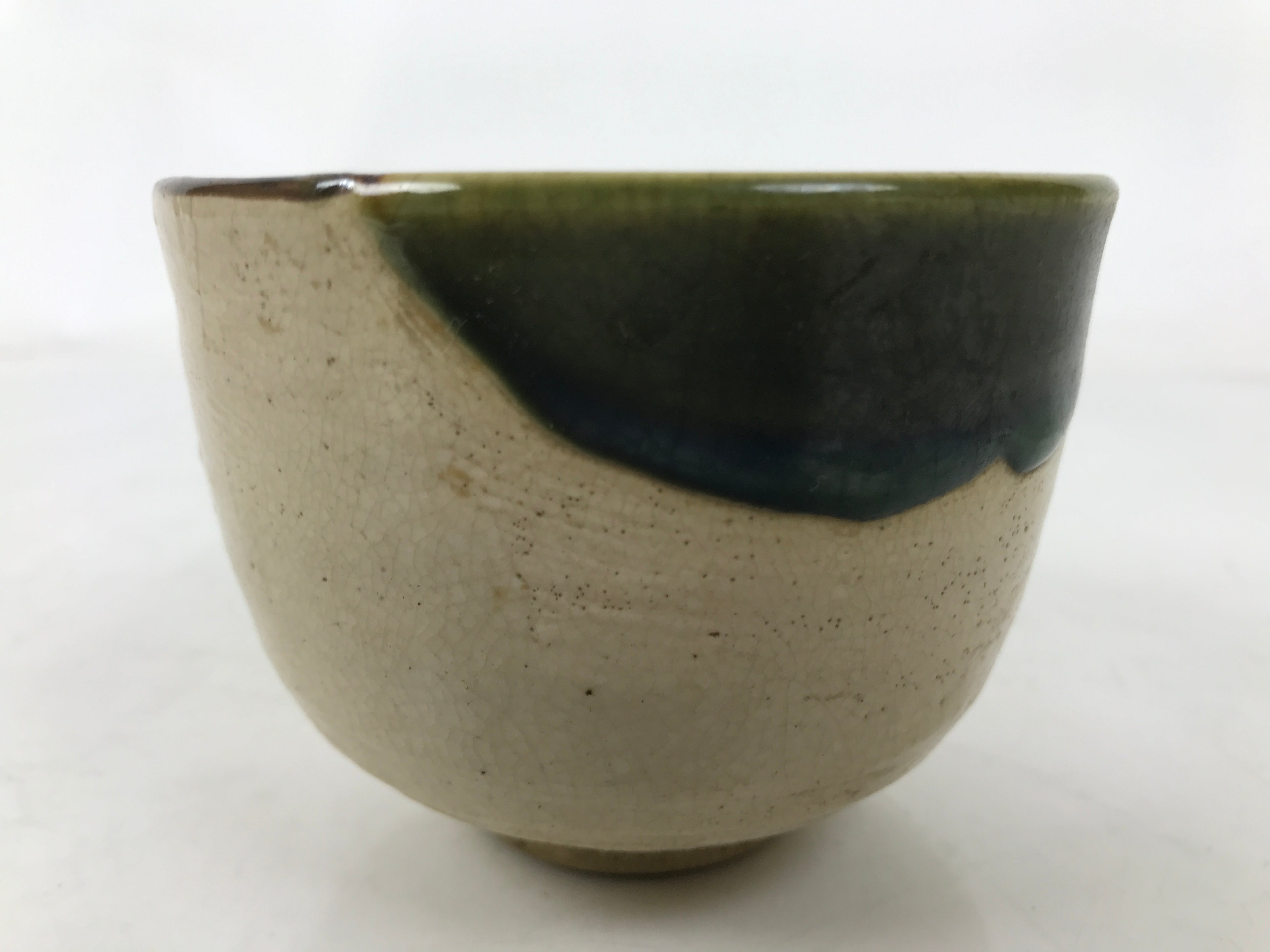 Japanese Oribe Ware Ceramic Yunomi Teacup Vtg Pottery Beige Green Yakimono TC560