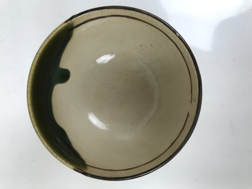 Japanese Oribe Ware Ceramic Yunomi Teacup Vtg Pottery Beige Green Yakimono TC560