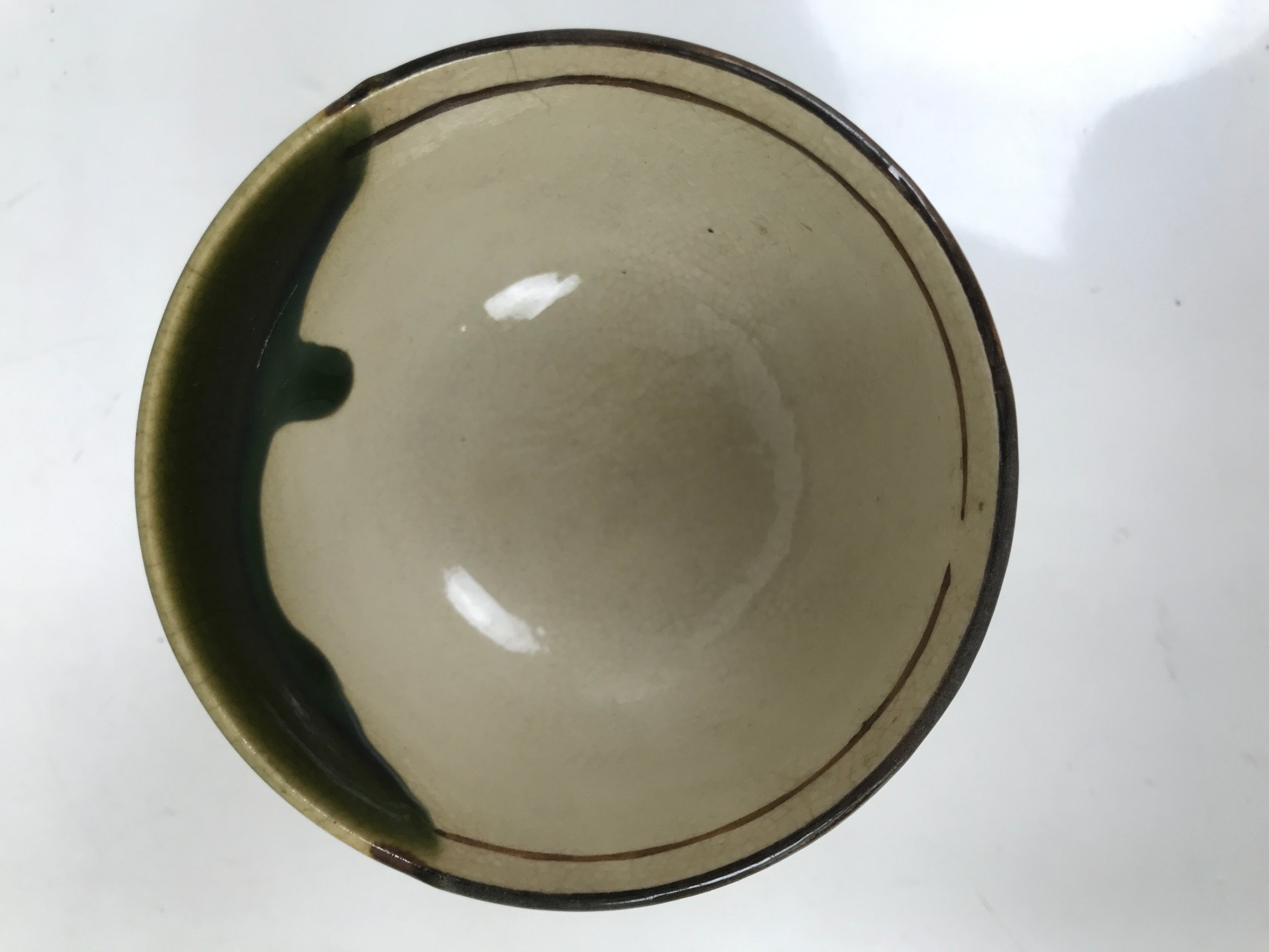 Japanese Oribe Ware Ceramic Yunomi Teacup Vtg Pottery Beige Green Yakimono TC560
