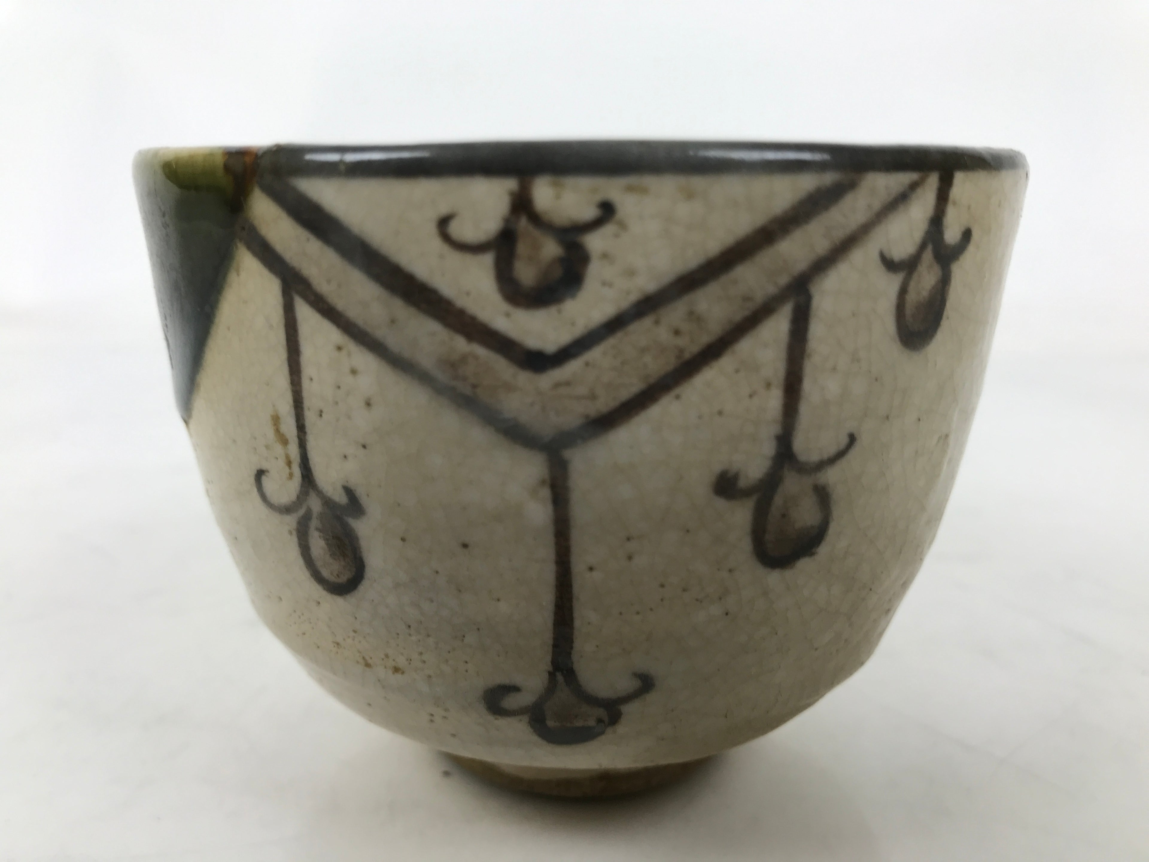 Japanese Oribe Ware Ceramic Yunomi Teacup Vtg Pottery Beige Green Yakimono TC561