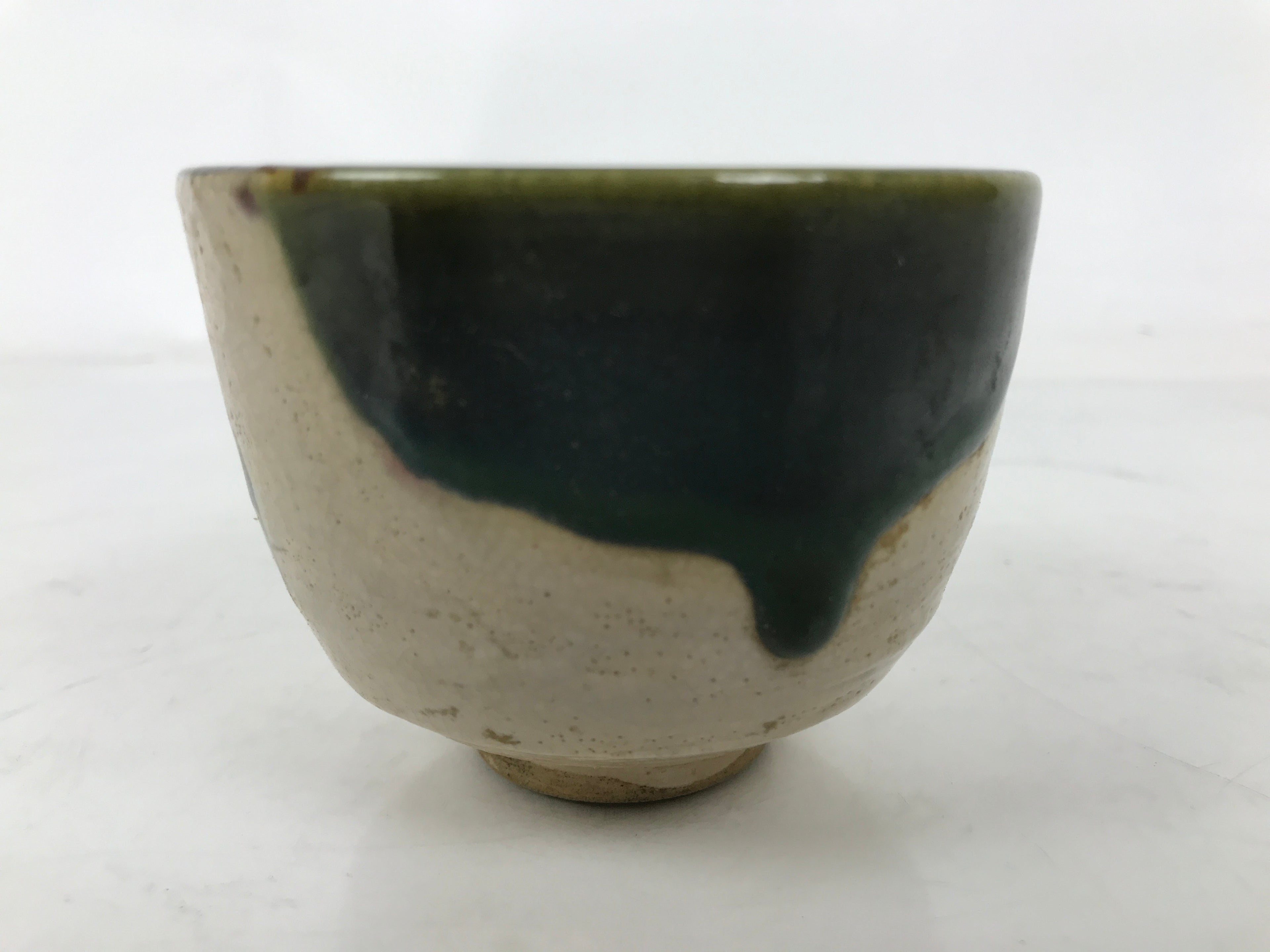 Japanese Oribe Ware Ceramic Yunomi Teacup Vtg Pottery Beige Green Yakimono TC561