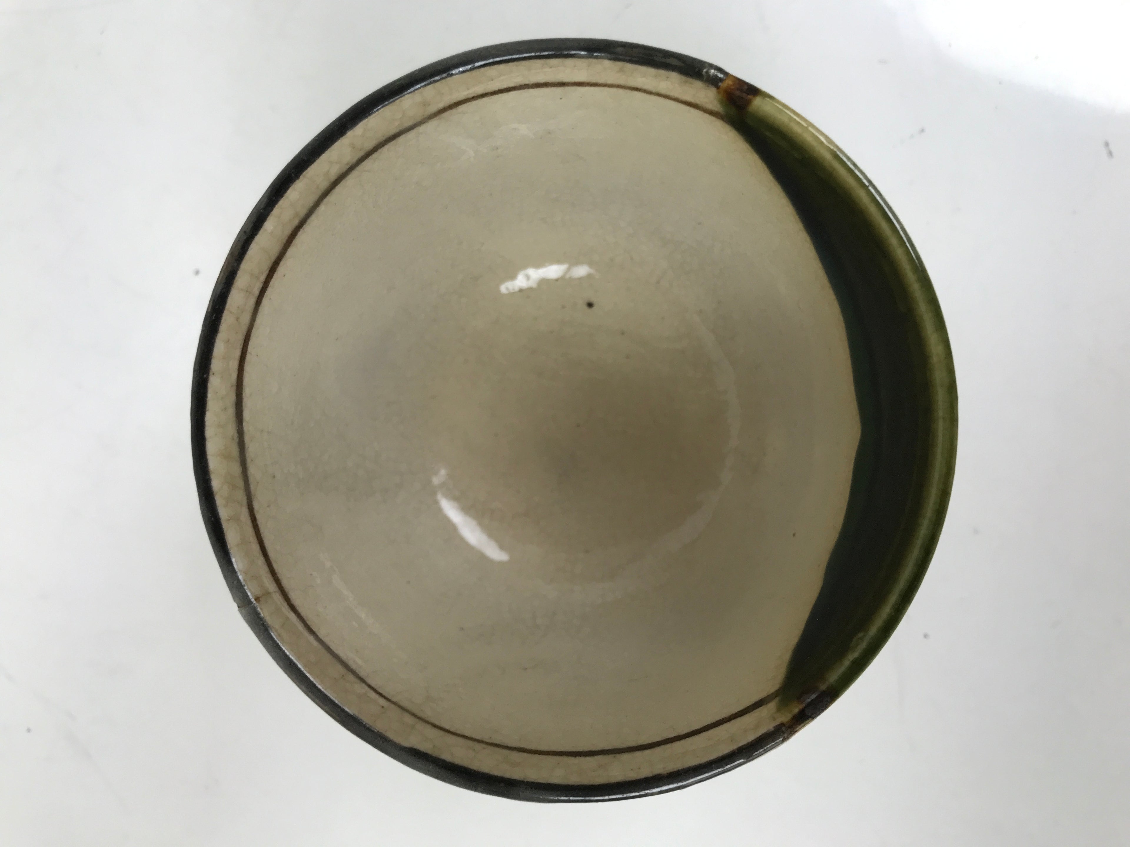 Japanese Oribe Ware Ceramic Yunomi Teacup Vtg Pottery Beige Green Yakimono TC561