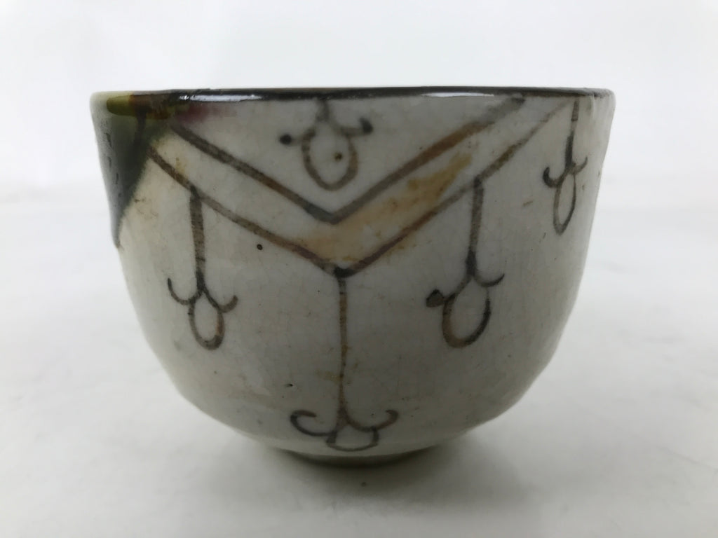 Japanese Oribe Ware Ceramic Yunomi Teacup Vtg Pottery Beige Green Yakimono TC562