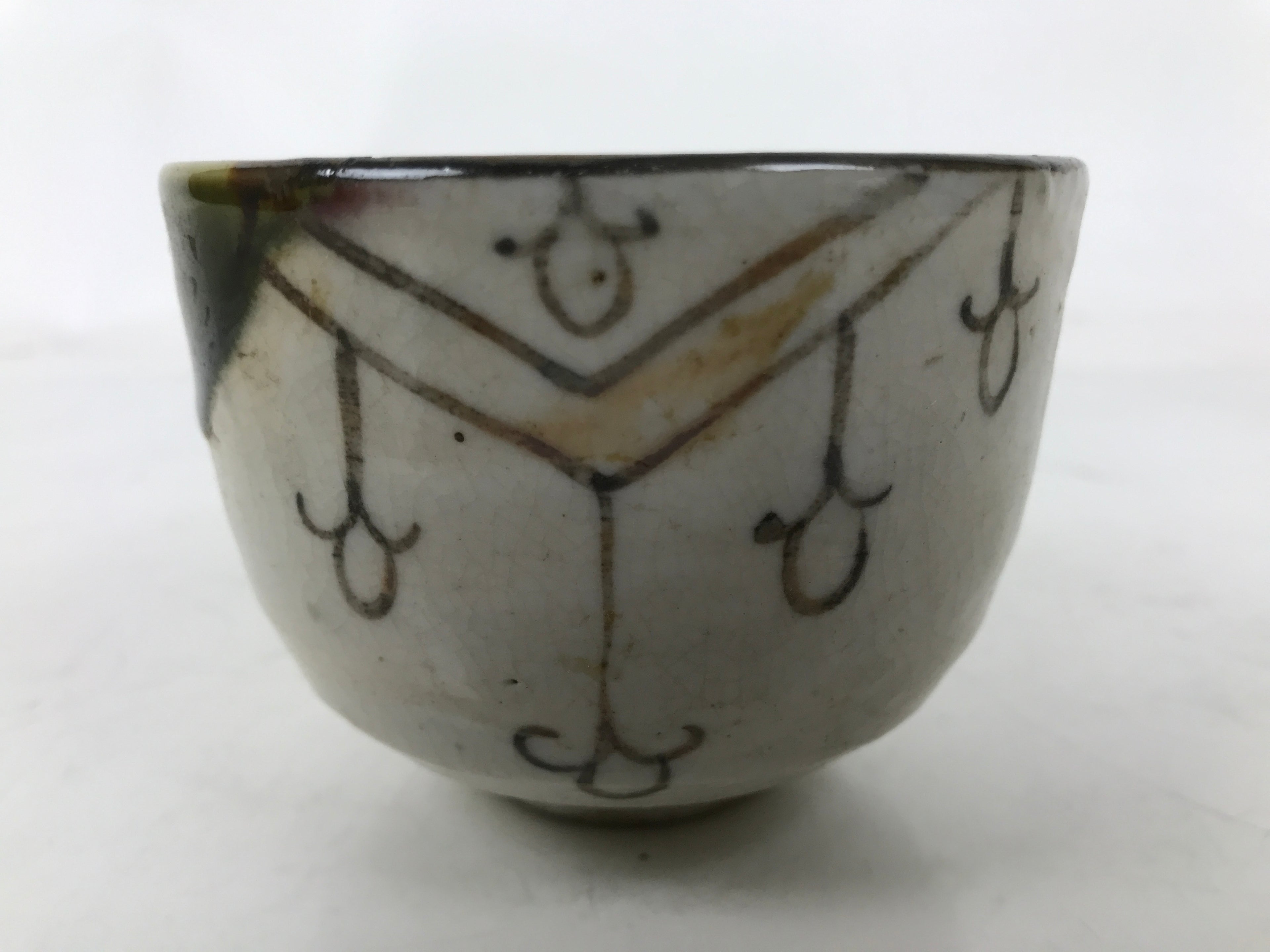 Japanese Oribe Ware Ceramic Yunomi Teacup Vtg Pottery Beige Green Yakimono TC562