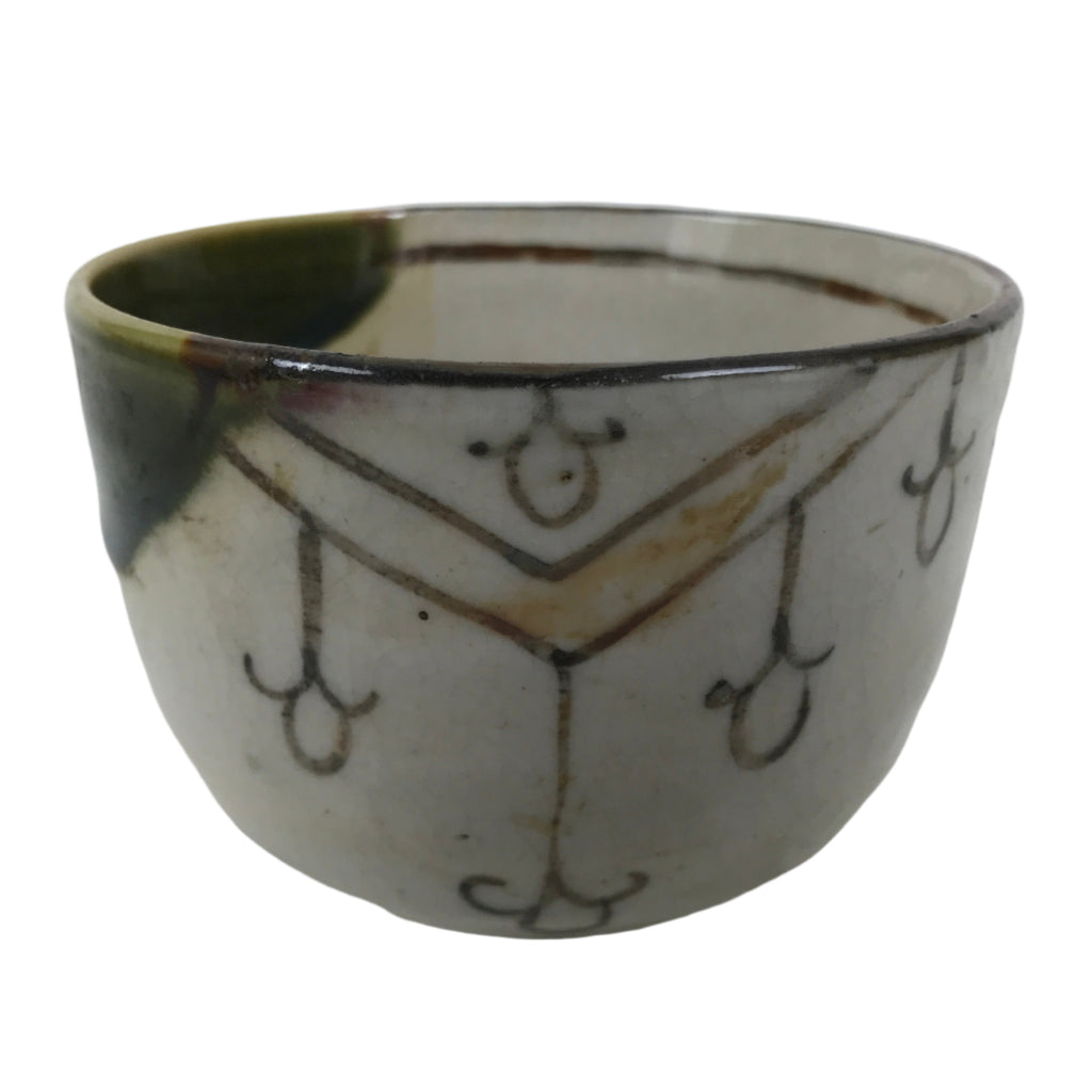 Japanese Oribe Ware Ceramic Yunomi Teacup Vtg Pottery Beige Green Yakimono TC562