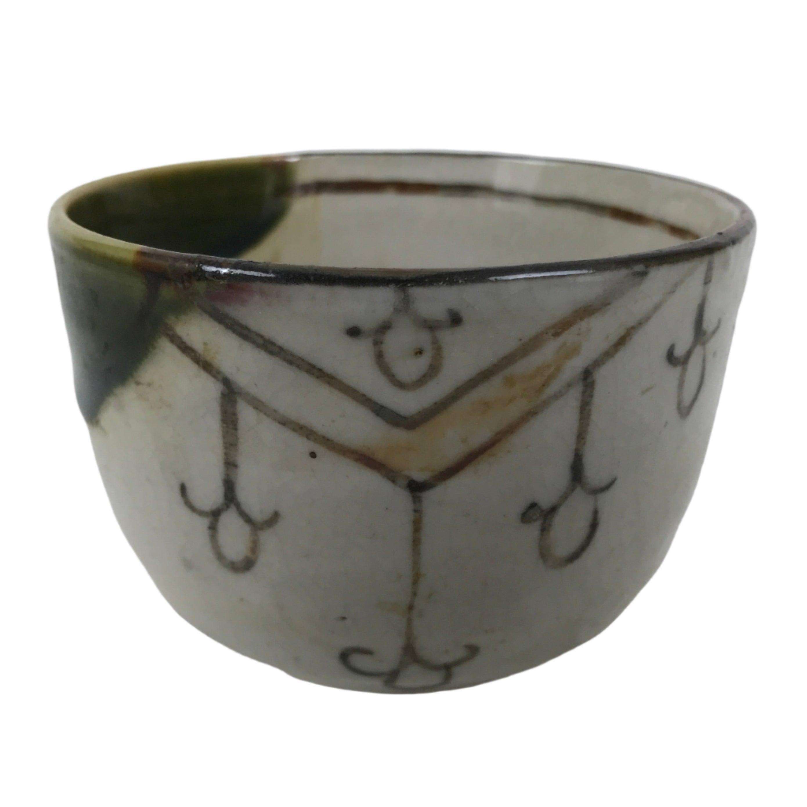 Japanese Oribe Ware Ceramic Yunomi Teacup Vtg Pottery Beige Green Yakimono TC562