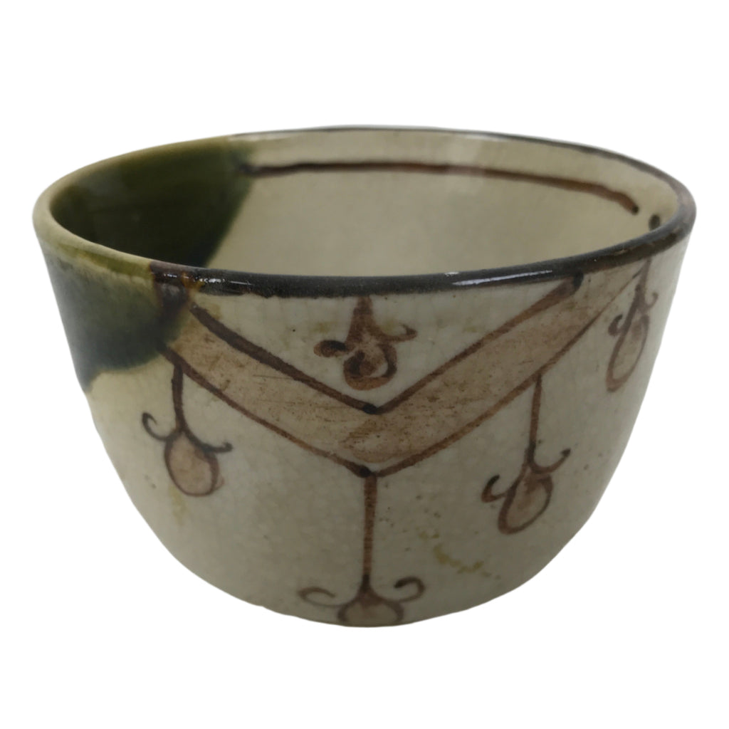 Japanese Oribe Ware Ceramic Yunomi Teacup Vtg Pottery Beige Green Yakimono TC563