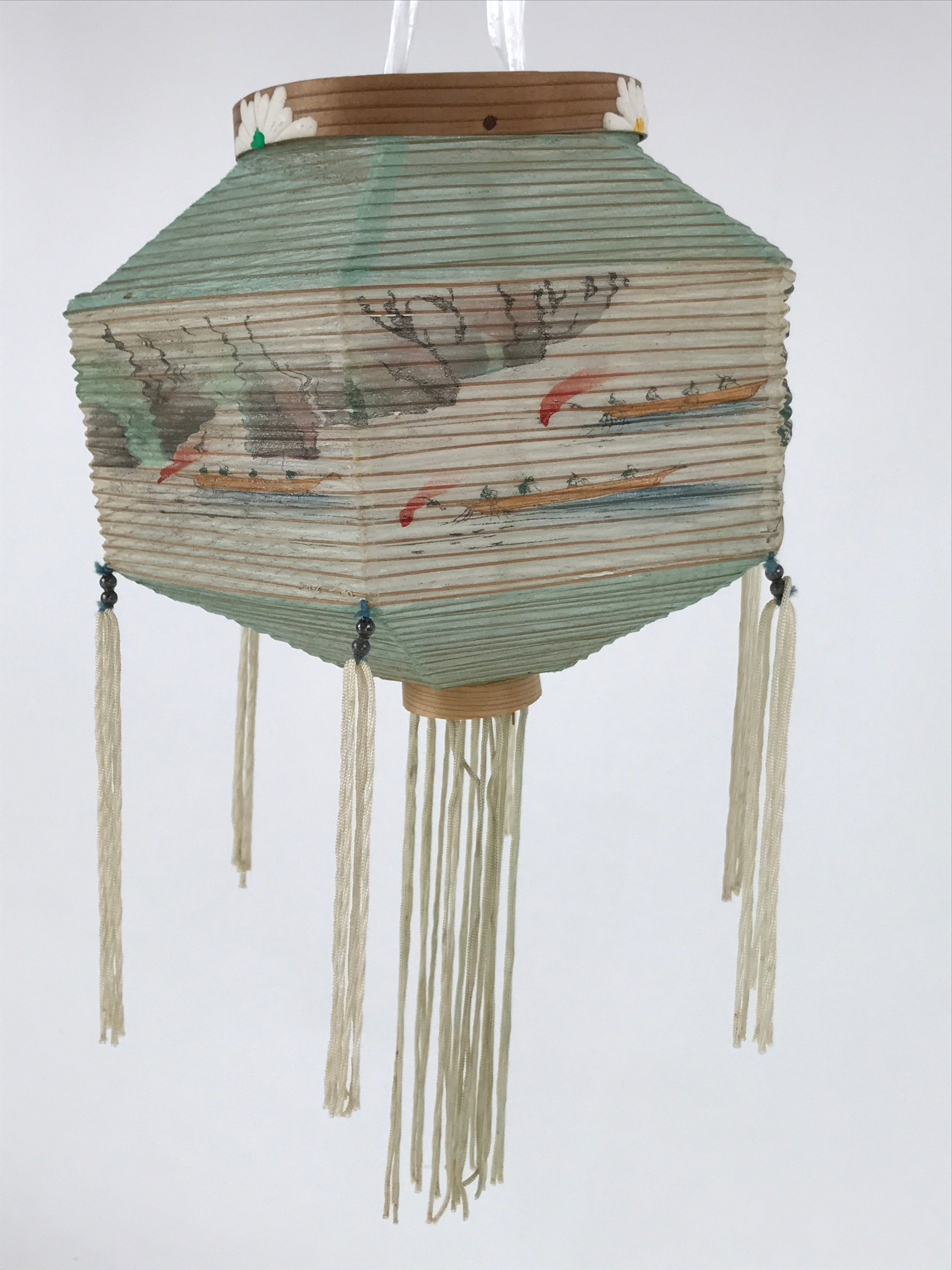 Japanese Paper Chochin Lantern Lamp Cover Vtg Trees Boats Blue White Tassel LT77