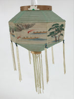 Japanese Paper Chochin Lantern Lamp Cover Vtg Trees Boats Blue White Tassel LT77