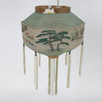 Japanese Paper Chochin Lantern Lamp Cover Vtg Trees Boats Blue White Tassel LT77