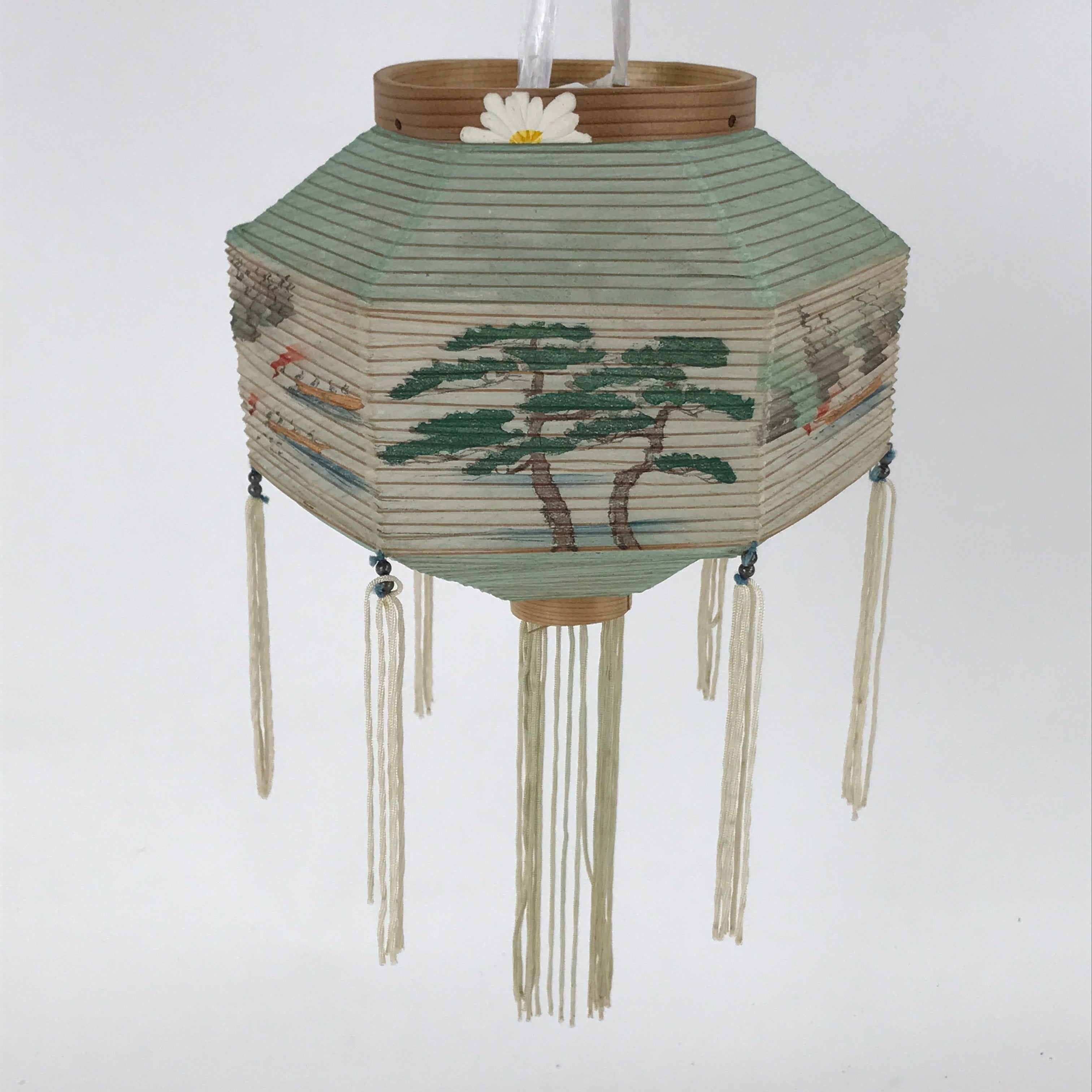 Japanese Paper Chochin Lantern Lamp Cover Vtg Trees Boats Blue White Tassel LT77