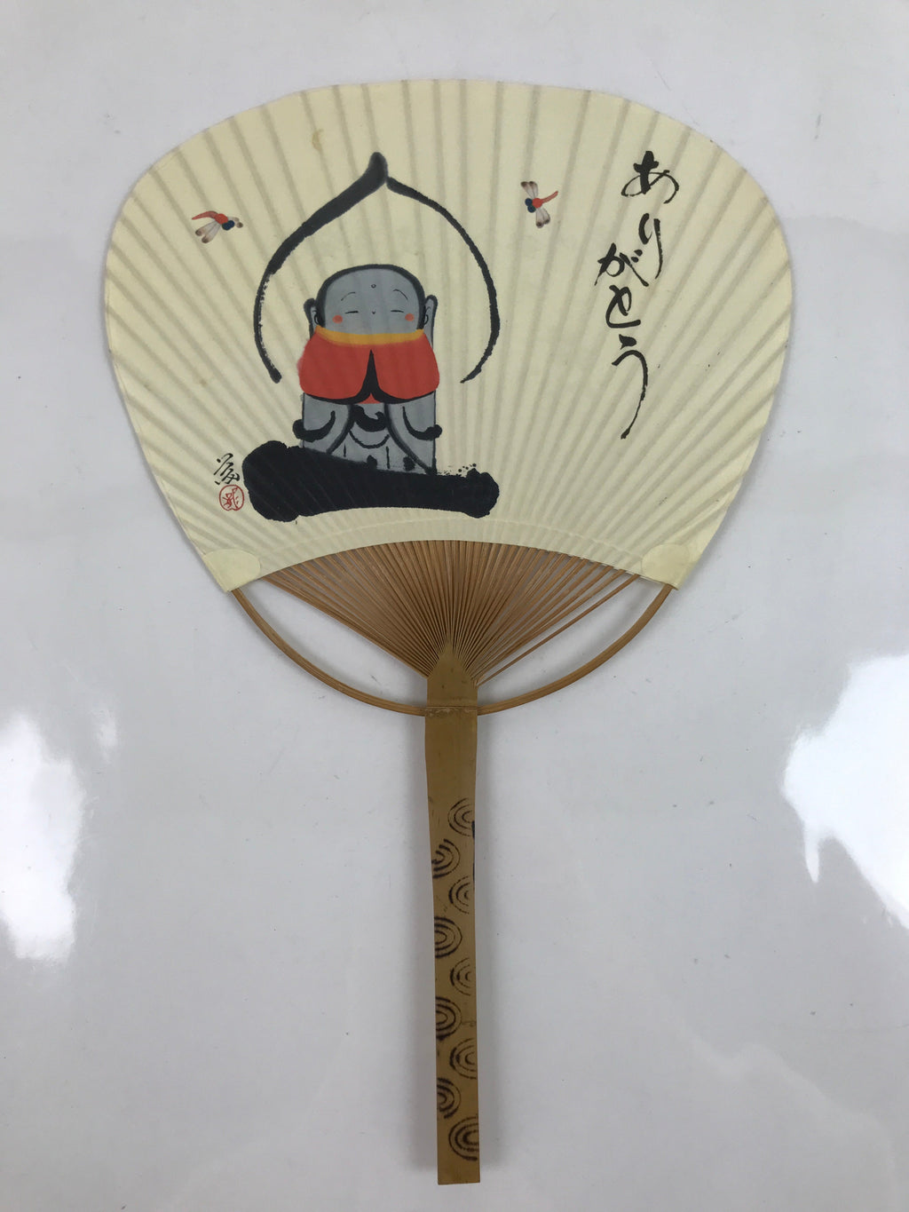 Japanese Paper Fan Fukakusa Uchiwa Bamboo Jizo Statue Dragonfly Thank You U166