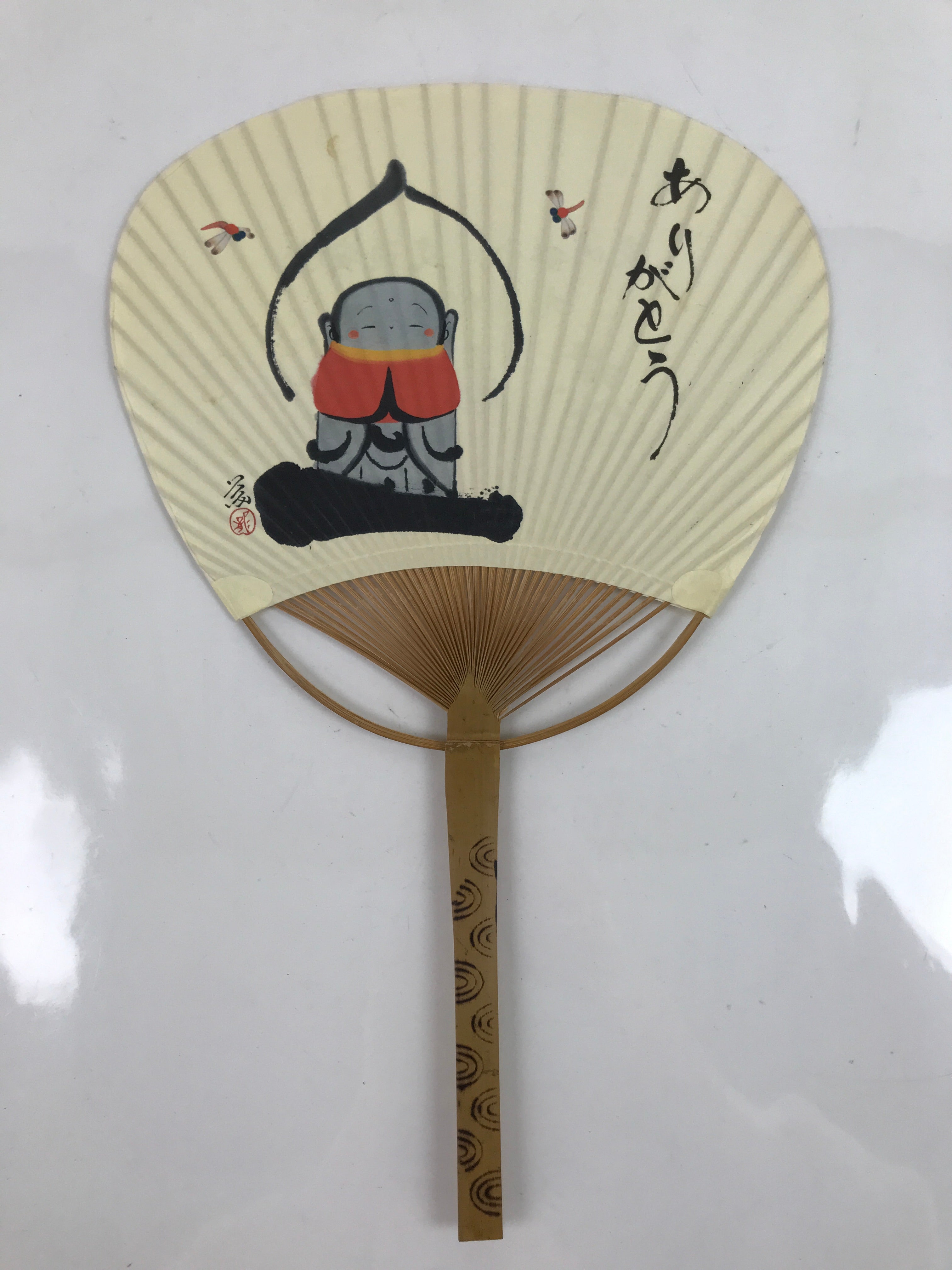 Japanese Paper Fan Fukakusa Uchiwa Bamboo Jizo Statue Dragonfly Thank You U166