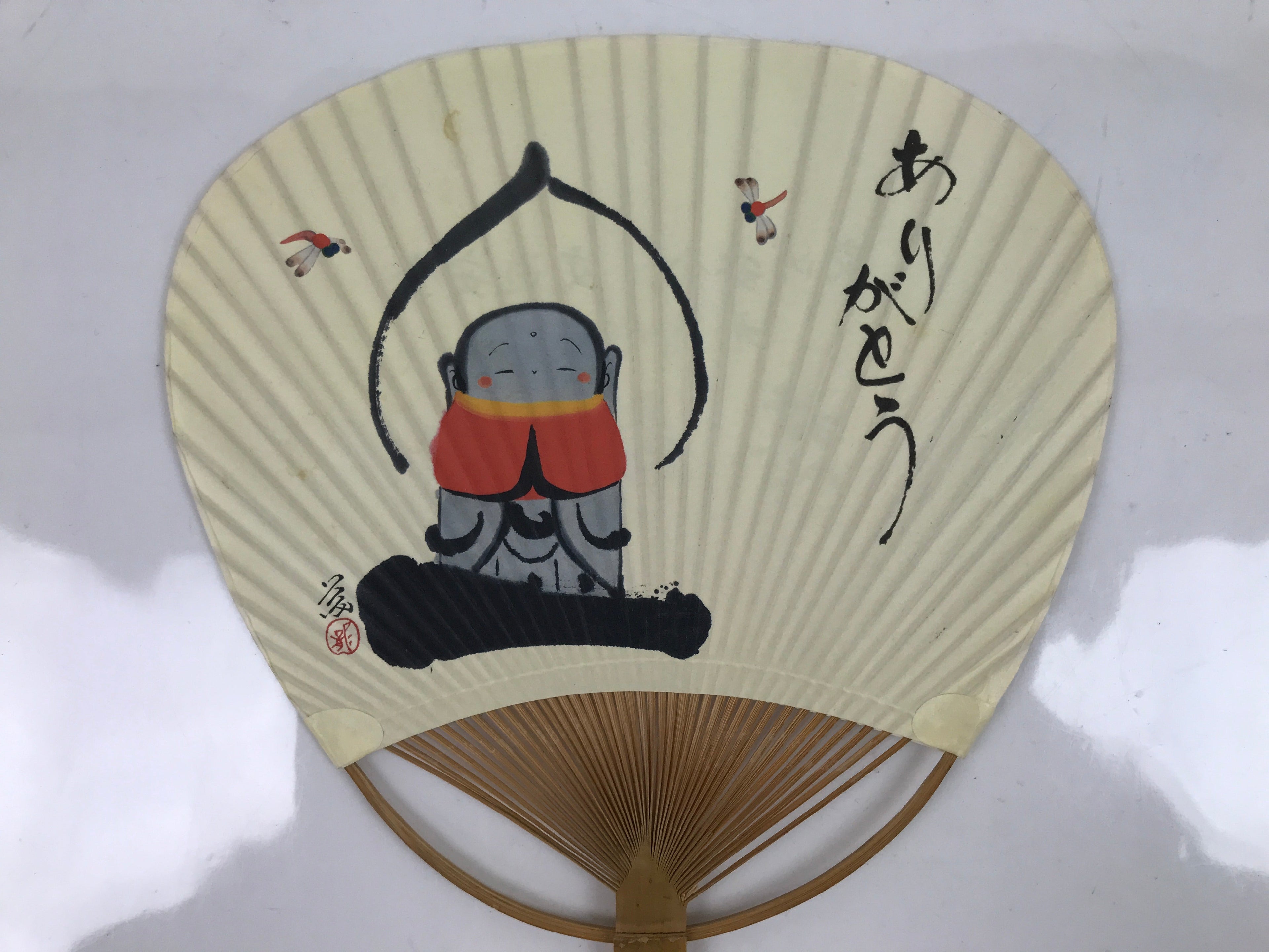 Japanese Paper Fan Fukakusa Uchiwa Bamboo Jizo Statue Dragonfly Thank You U166