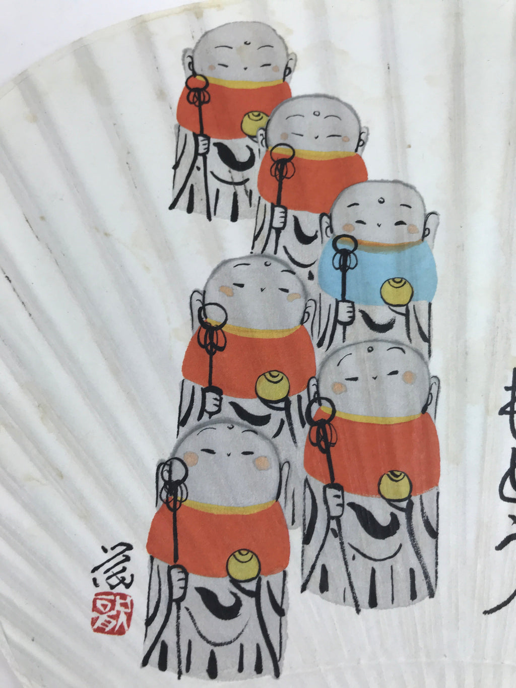 Japanese Paper Fan Fukakusa Uchiwa Bamboo Jizo Statue Encouraging Words U165