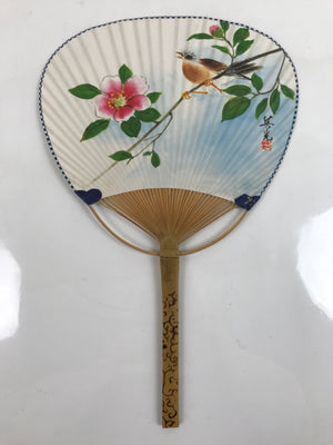 Japanese Paper Fan Fukakusa Uchiwa Bamboo Vtg Brown Bird Pink Camellia U176