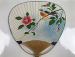 Japanese Paper Fan Fukakusa Uchiwa Bamboo Vtg Brown Bird Pink Camellia U176