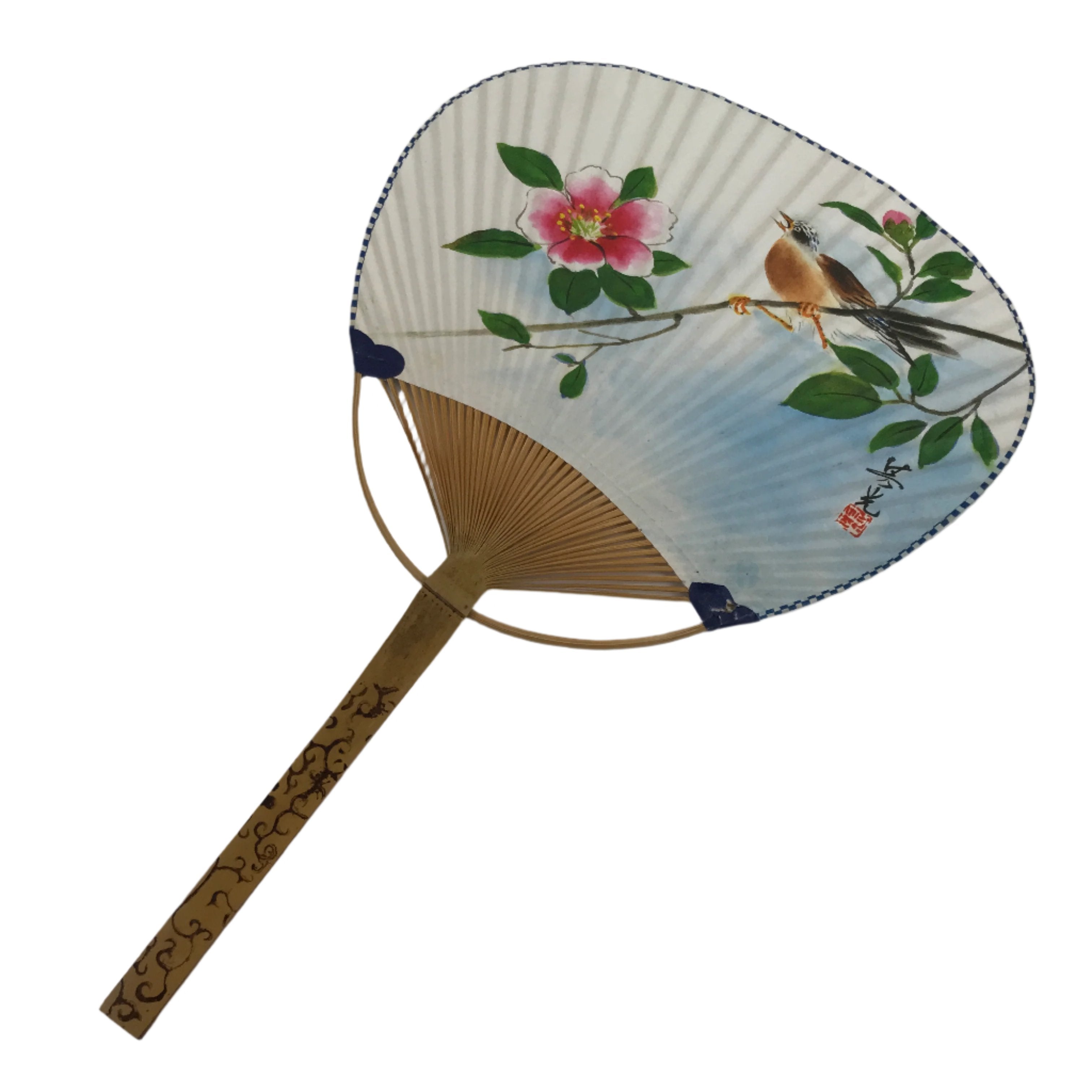 Japanese Paper Fan Fukakusa Uchiwa Bamboo Vtg Brown Bird Pink Camellia U176