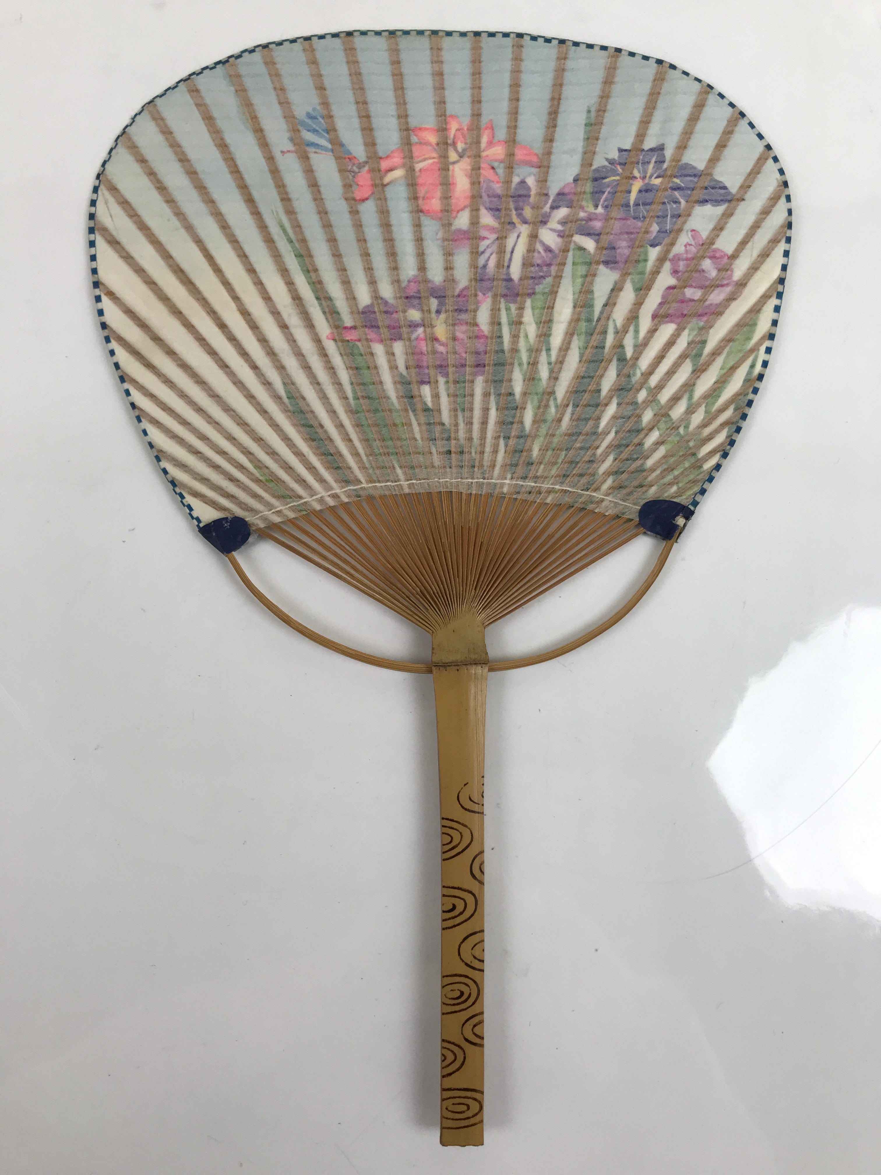 Japanese Paper Fan Fukakusa Uchiwa Bamboo Vtg Iris Ayame Dragonfly Purple U175