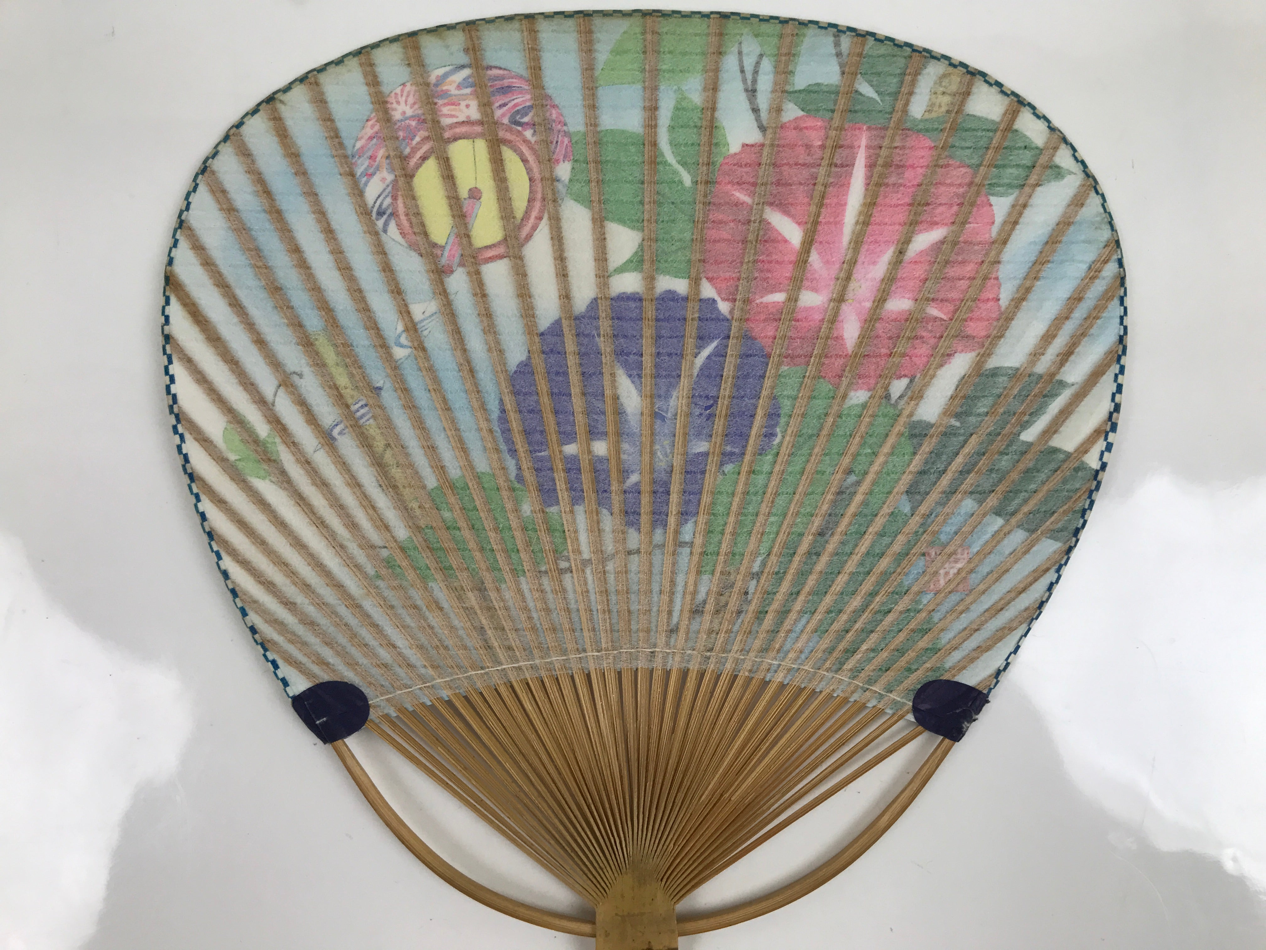 Japanese Paper Fan Fukakusa Uchiwa Bamboo Vtg Morning Glory Furin Summer U174