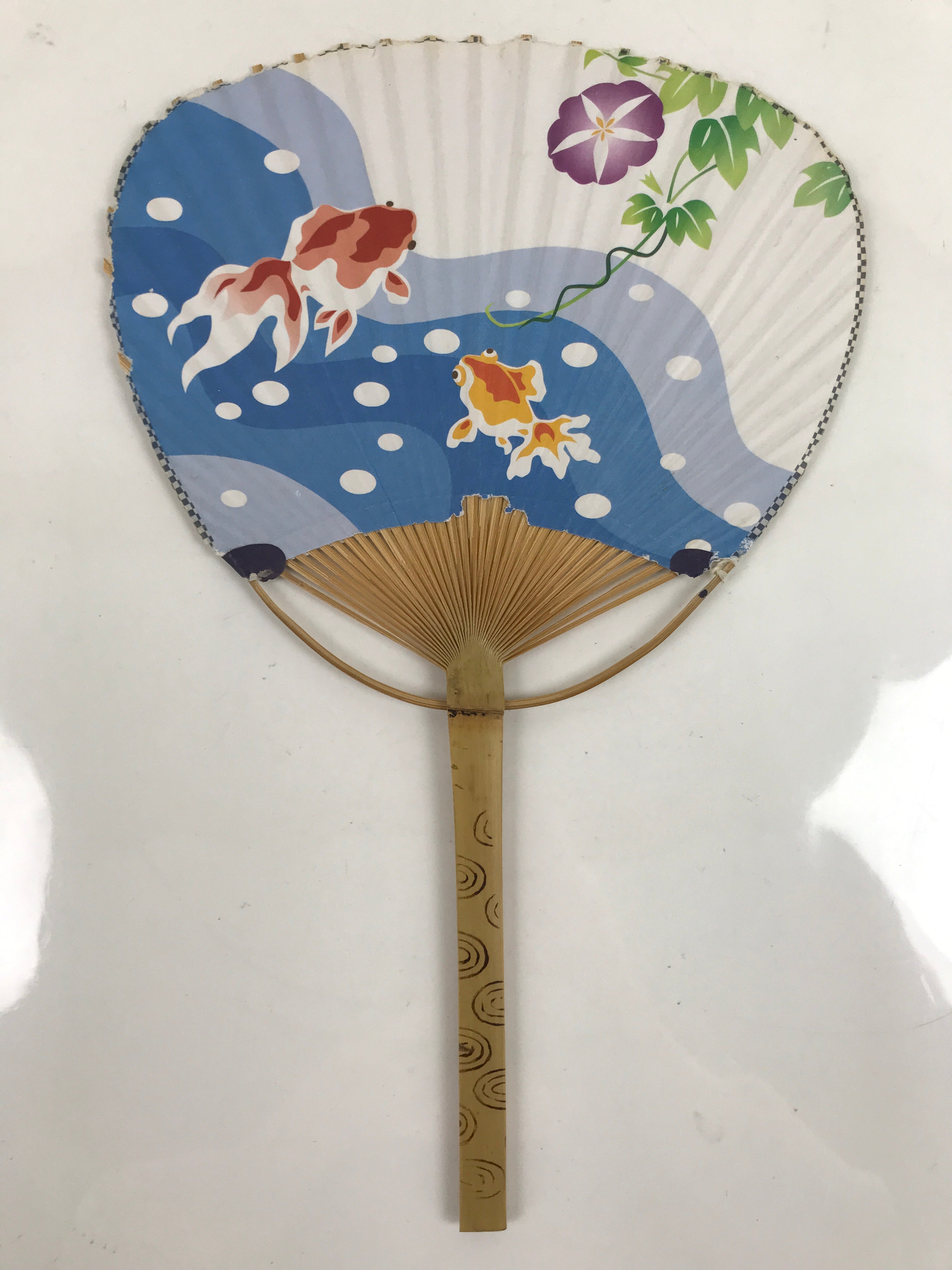 Japanese Paper Fan Fukakusa Uchiwa Bamboo Vtg Morning Glory Goldfish Summer U177