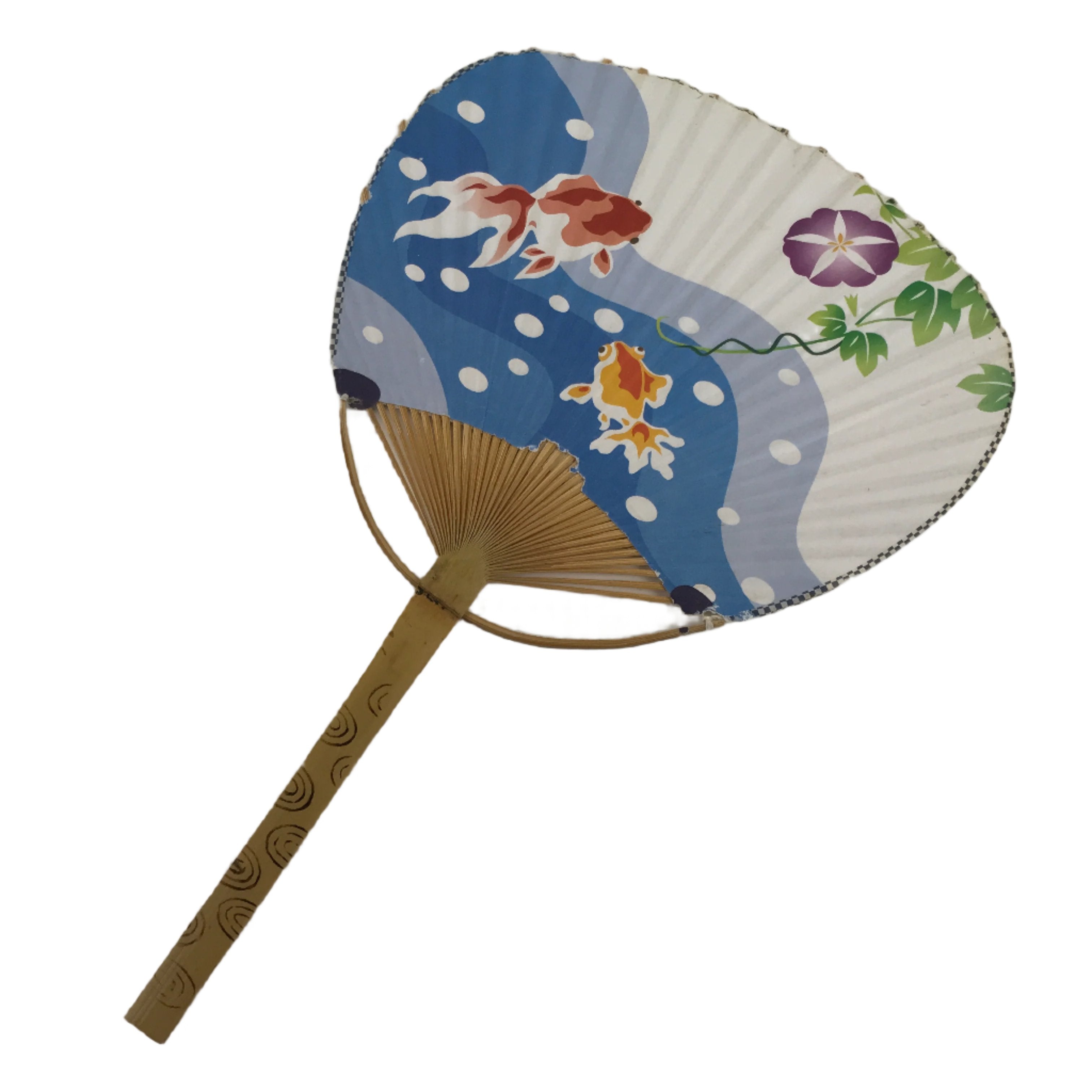 Japanese Paper Fan Fukakusa Uchiwa Bamboo Vtg Morning Glory Goldfish Summer U177