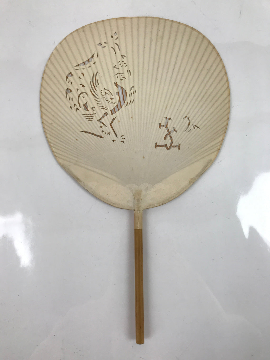 Japanese Paper Fan Uchiwa Vtg Bamboo Frame Zodiac Rooster Cutout White U167