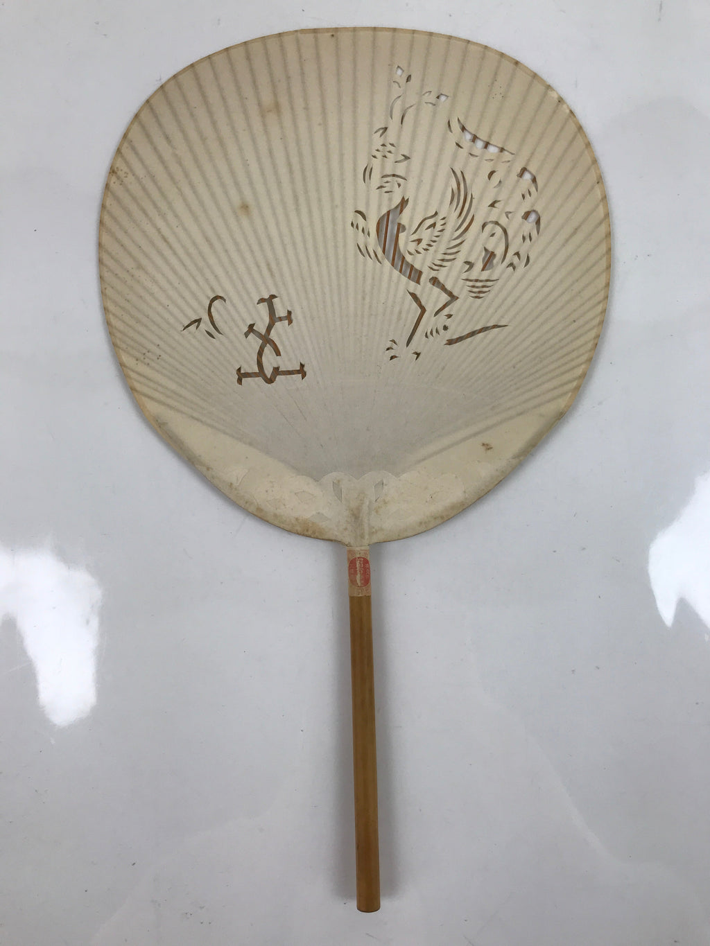Japanese Paper Fan Uchiwa Vtg Bamboo Frame Zodiac Rooster Cutout White U167