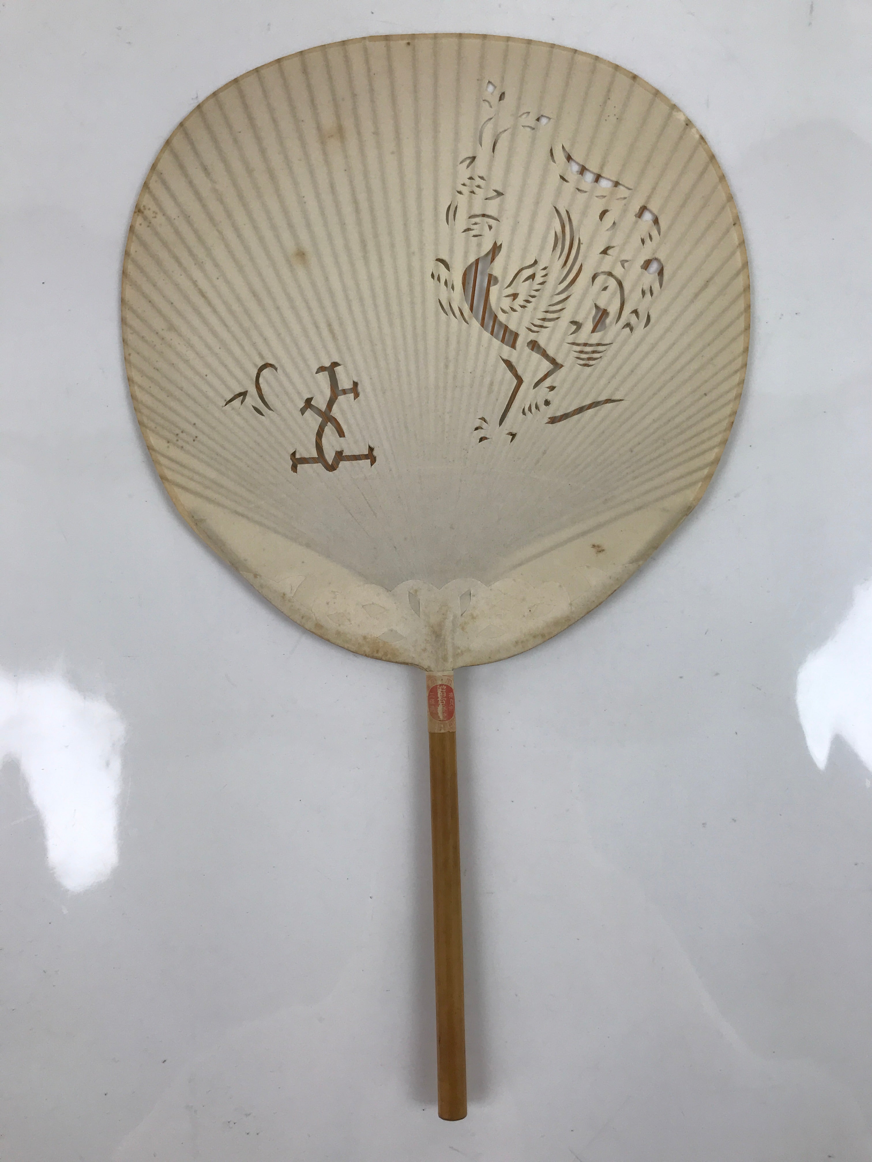 Japanese Paper Fan Uchiwa Vtg Bamboo Frame Zodiac Rooster Cutout White U167