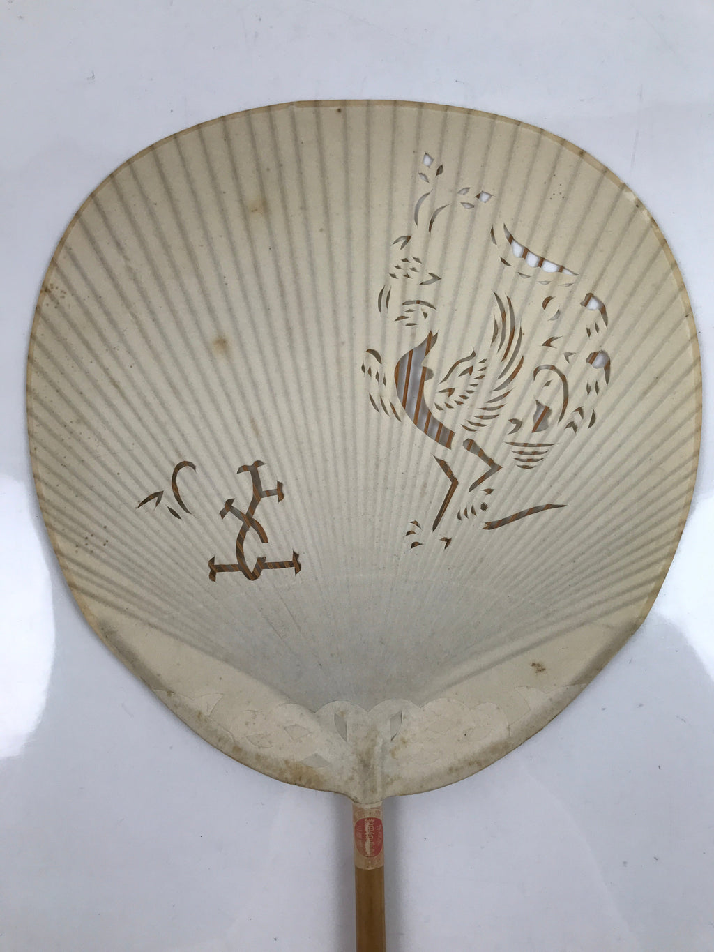 Japanese Paper Fan Uchiwa Vtg Bamboo Frame Zodiac Rooster Cutout White U167