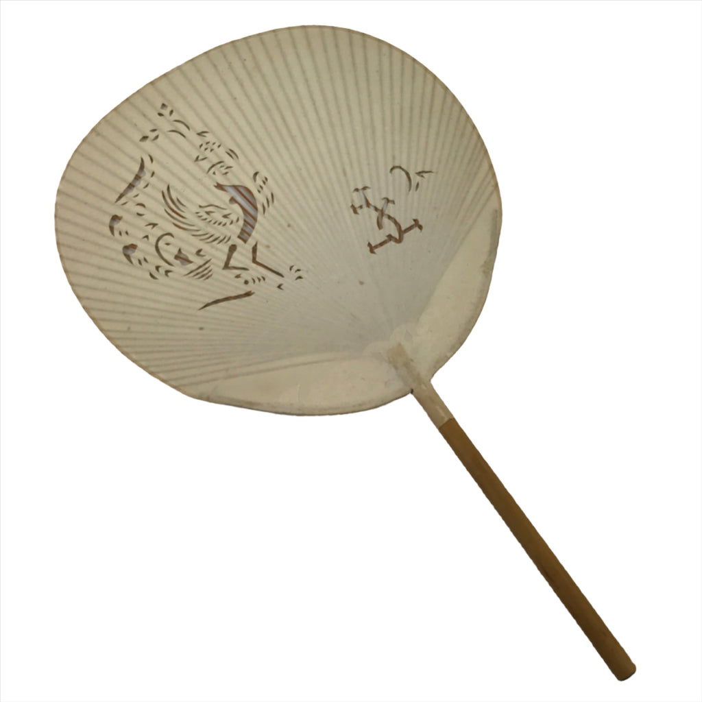 Japanese Paper Fan Uchiwa Vtg Bamboo Frame Zodiac Rooster Cutout White U167