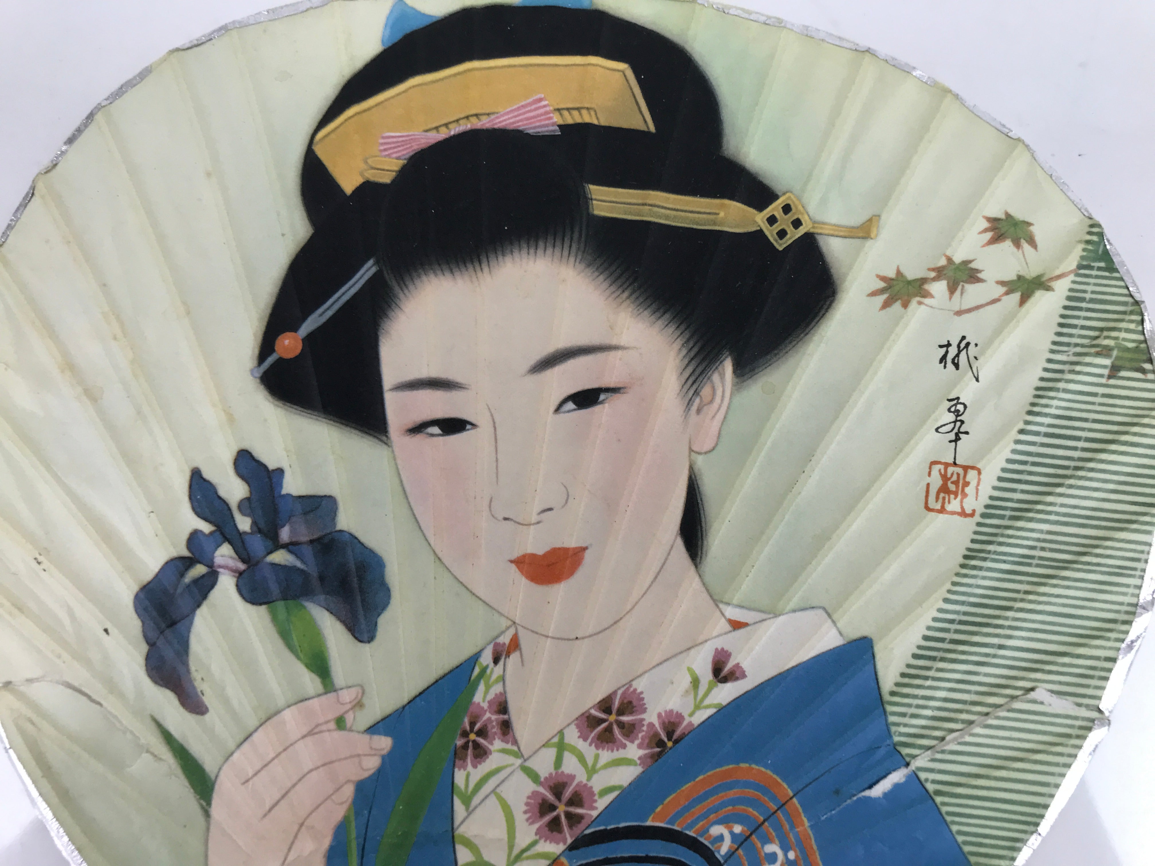 Japanese Paper Fan Uchiwa Vtg Resin Frame Geisha Beautiful Woman Kimono U180