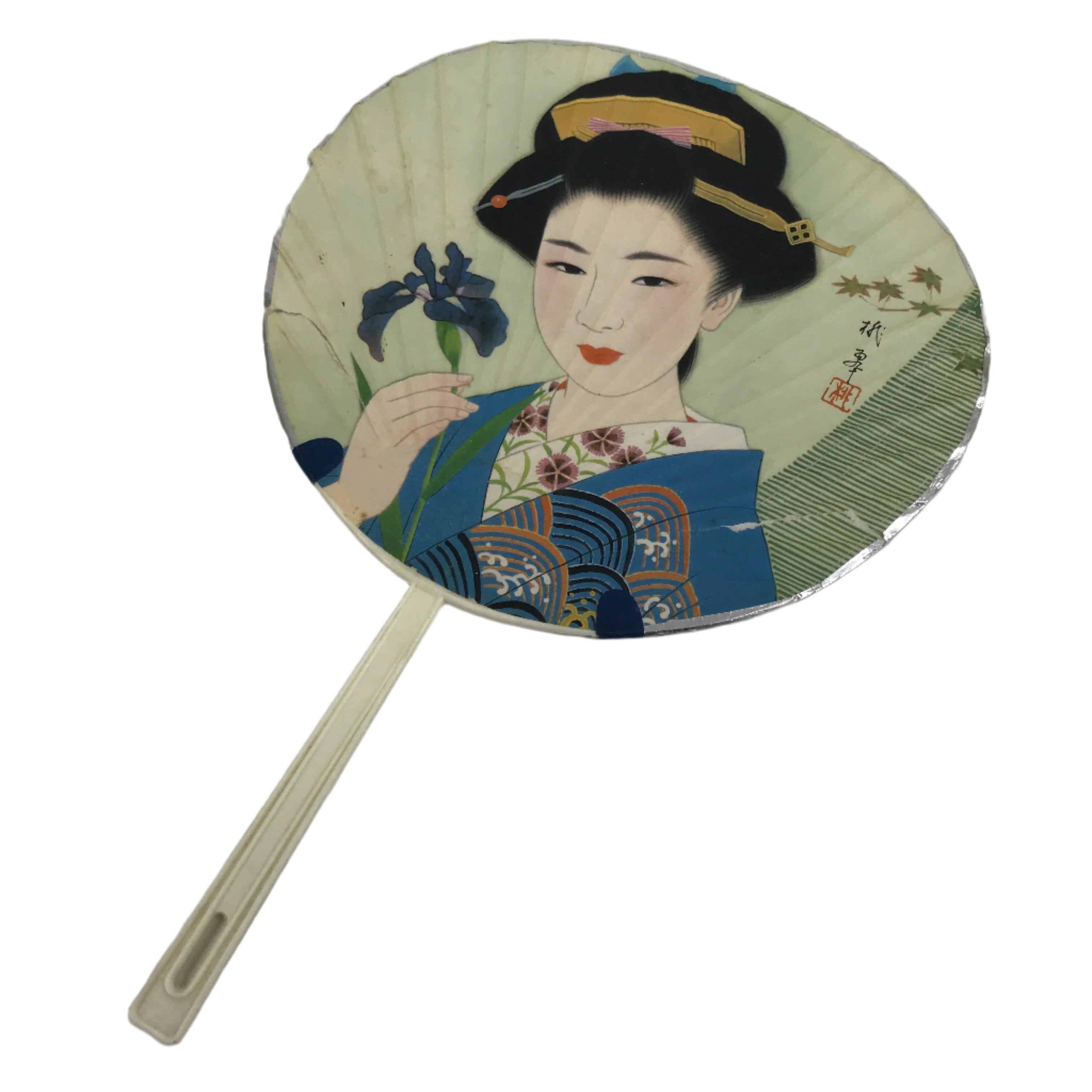 Japanese Paper Fan Uchiwa Vtg Resin Frame Geisha Beautiful Woman Kimono U180