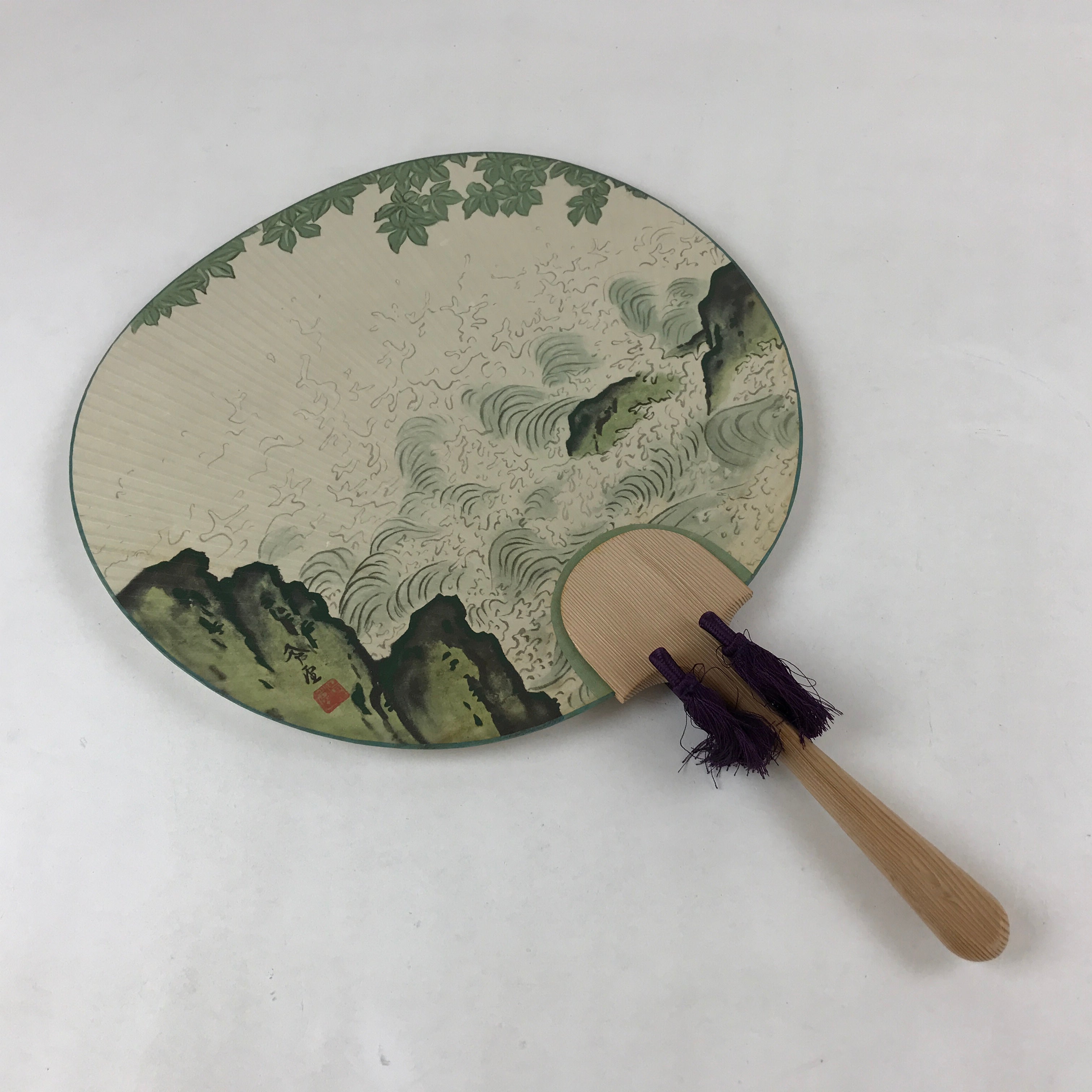 Japanese Paper Fan Uchiwa Vtg Wall Hanger Kodama Kibo Waterfall Pool Green U116