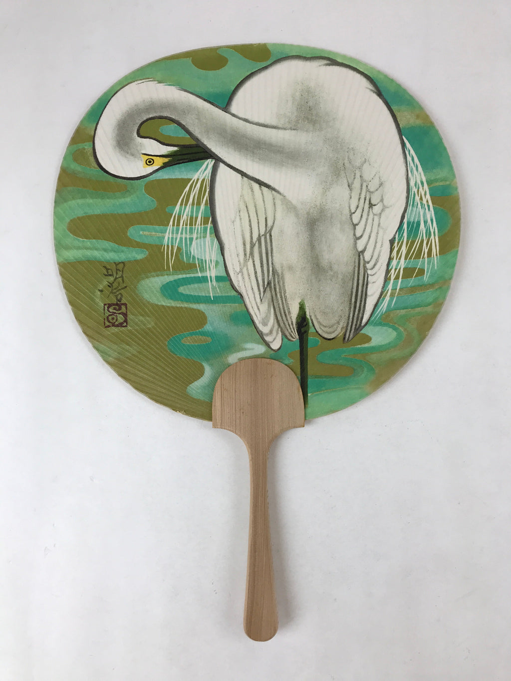 Japanese Paper Fan Uchiwa Vtg Wall Hanger Meiji Hashimoto White Heron Green U115