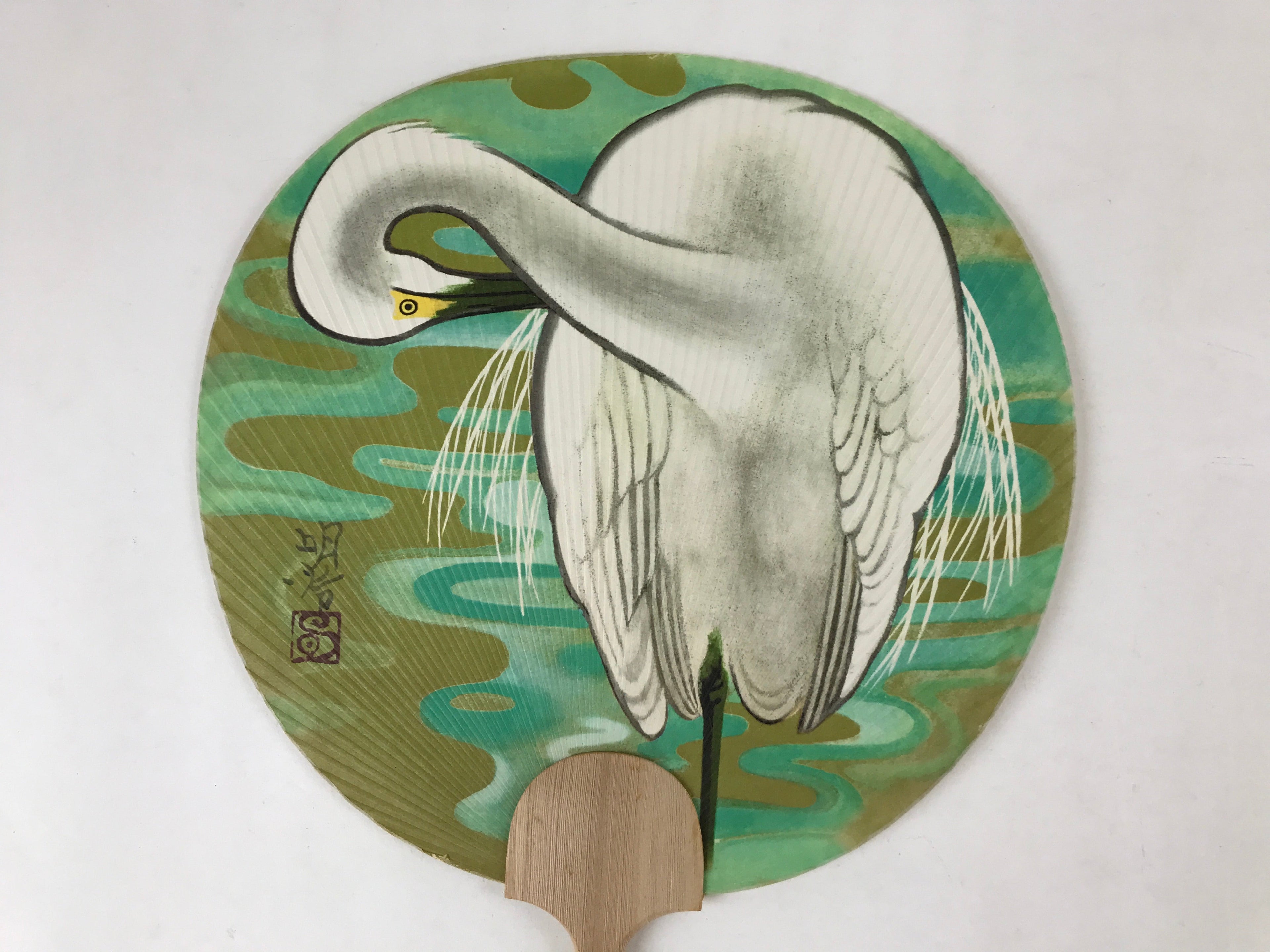Japanese Paper Fan Uchiwa Vtg Wall Hanger Meiji Hashimoto White Heron Green U115