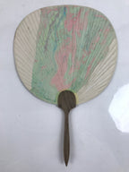 Japanese Paper Fan Uchiwa Vtg Wood Frame Water Marble Kanji Pastel Black U184