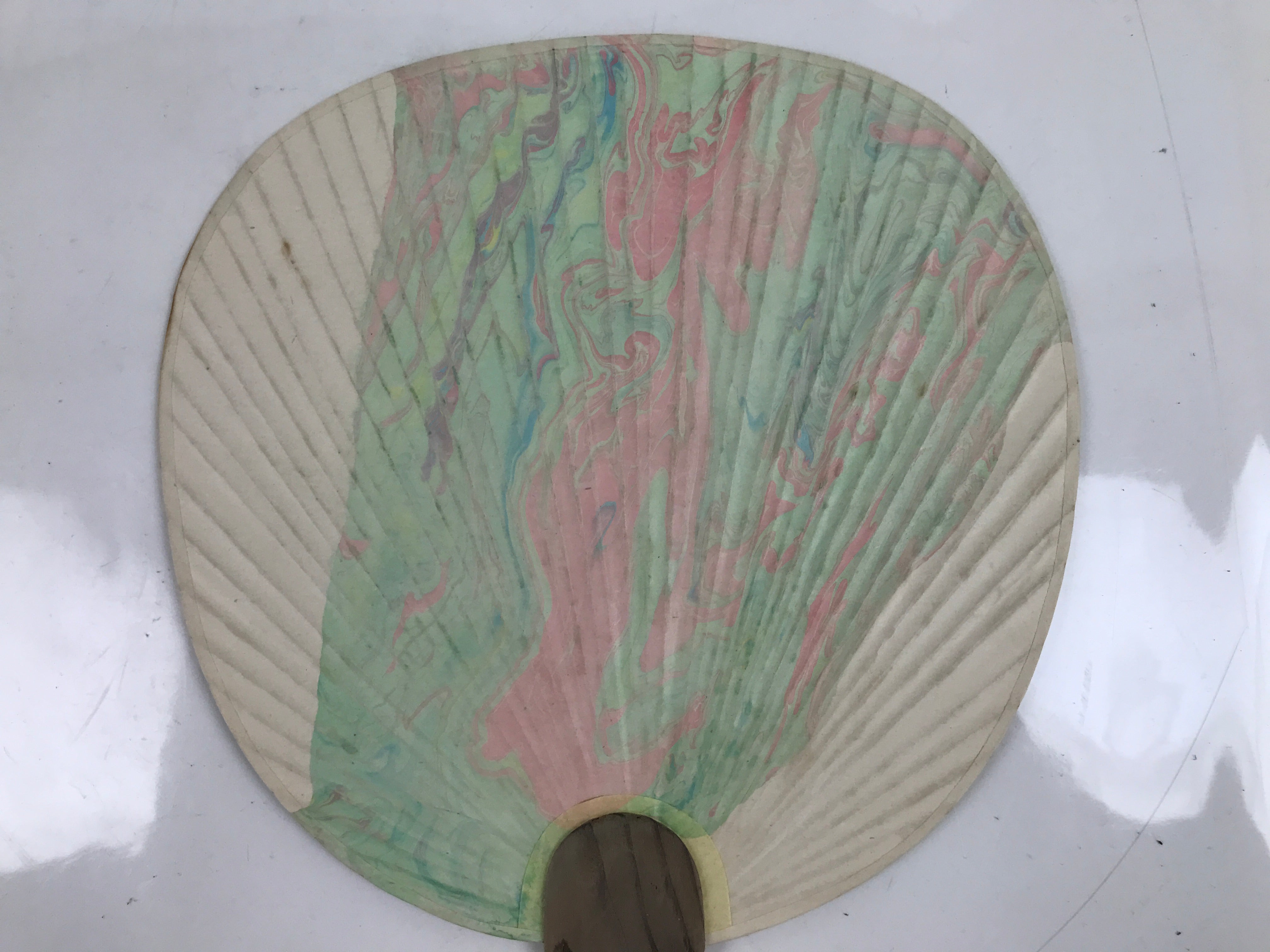 Japanese Paper Fan Uchiwa Vtg Wood Frame Water Marble Kanji Pastel Black U184