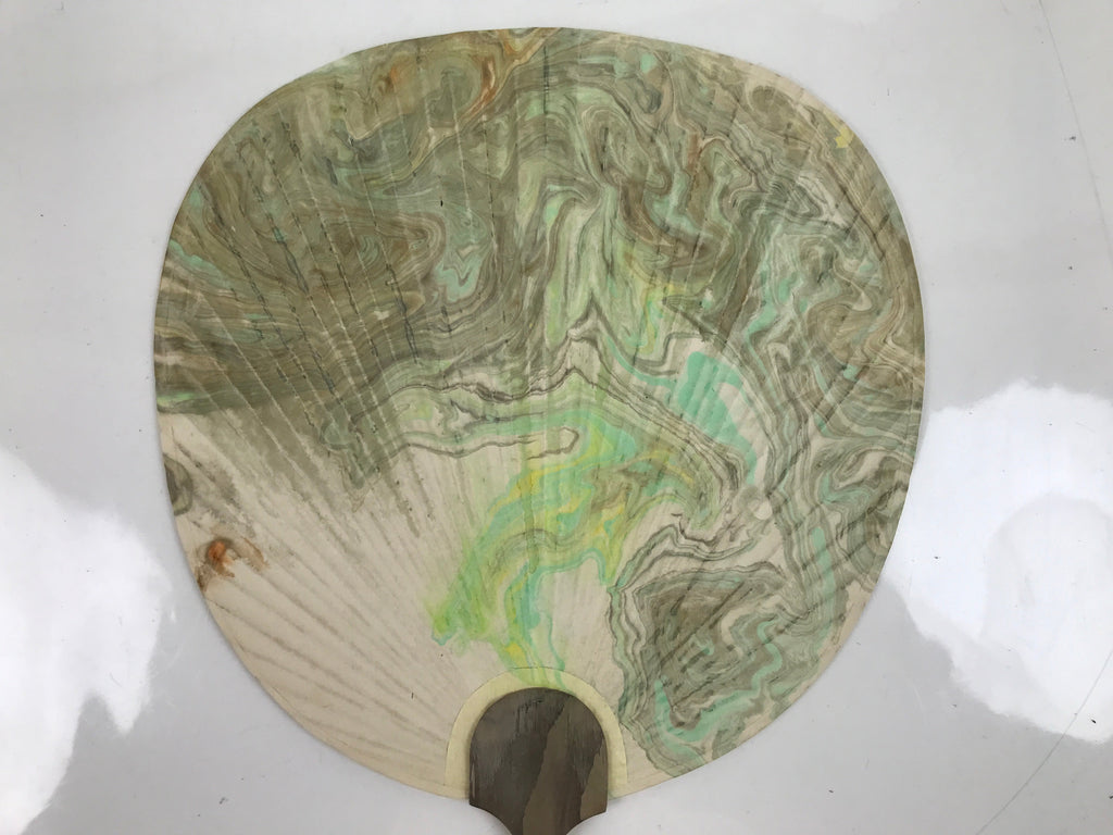 Japanese Paper Fan Uchiwa Vtg Wood Frame Water Marble Kanji Pastel Black U185