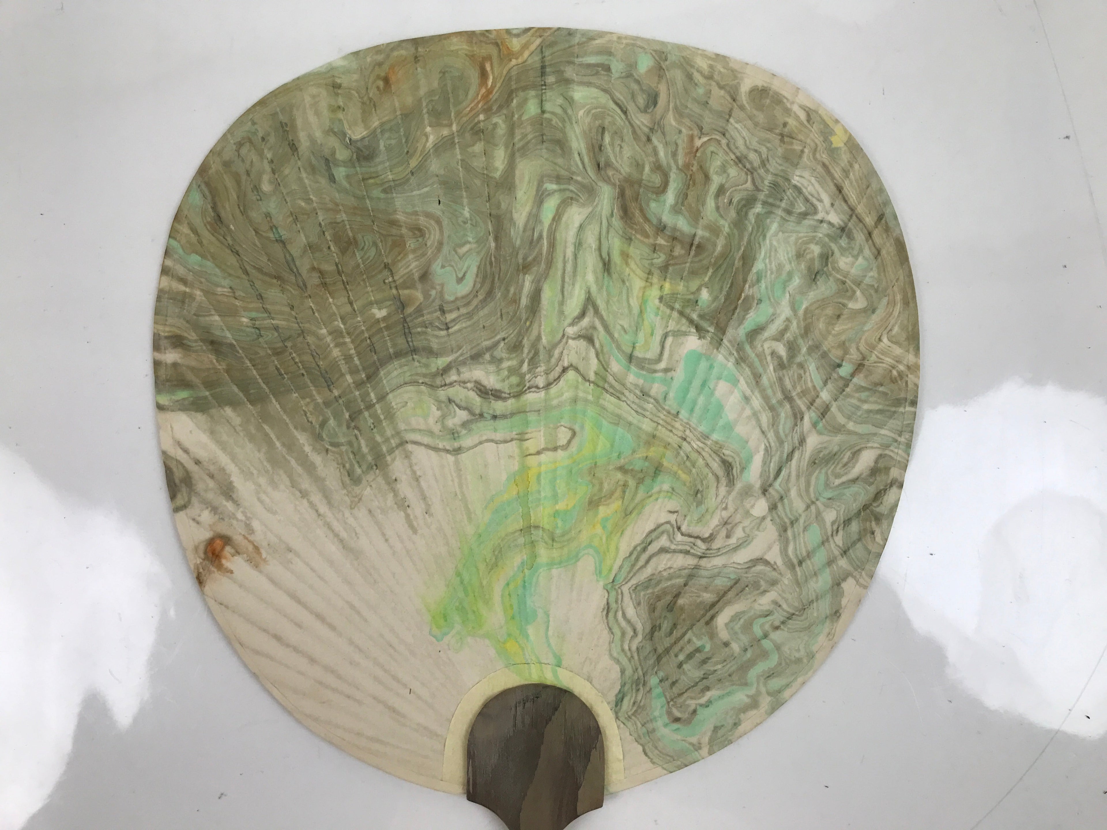 Japanese Paper Fan Uchiwa Vtg Wood Frame Water Marble Kanji Pastel Black U185
