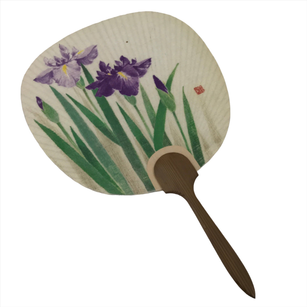 Japanese Paper Fan Uchiwa Vtg Wooden Handle Ayame Hanashoubu Purple Iris U163